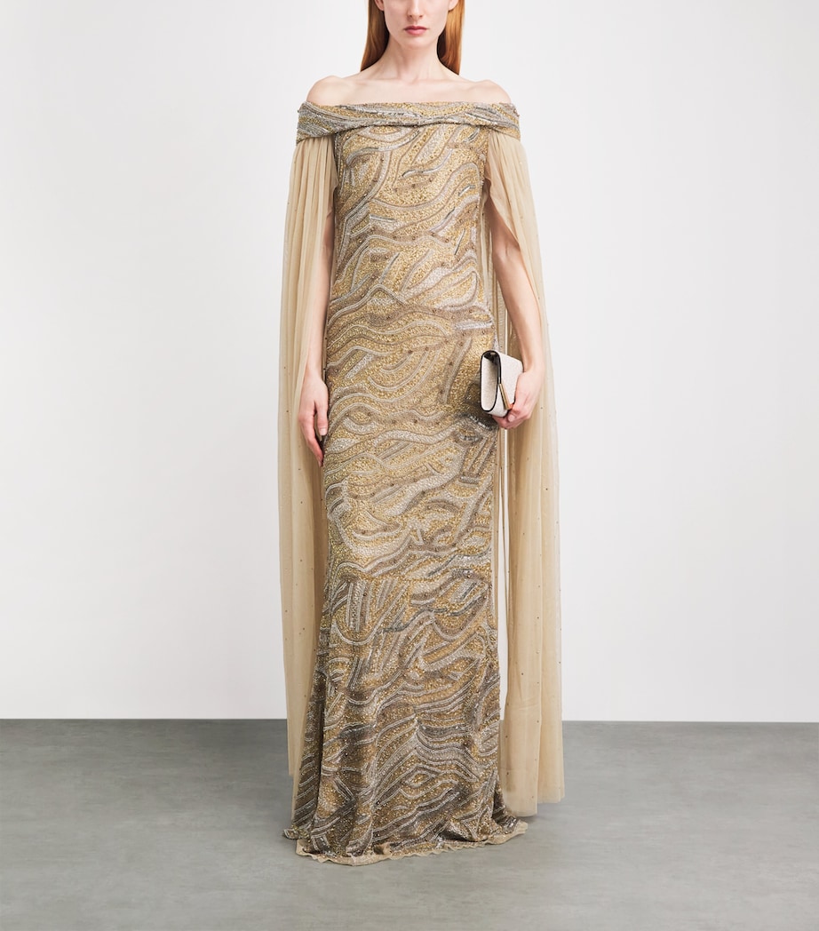 Raishma Gold Tulle Embellished Cape Gown | Harrods US Raishma Gold Tulle Embellished Cape Gown | Harrods US