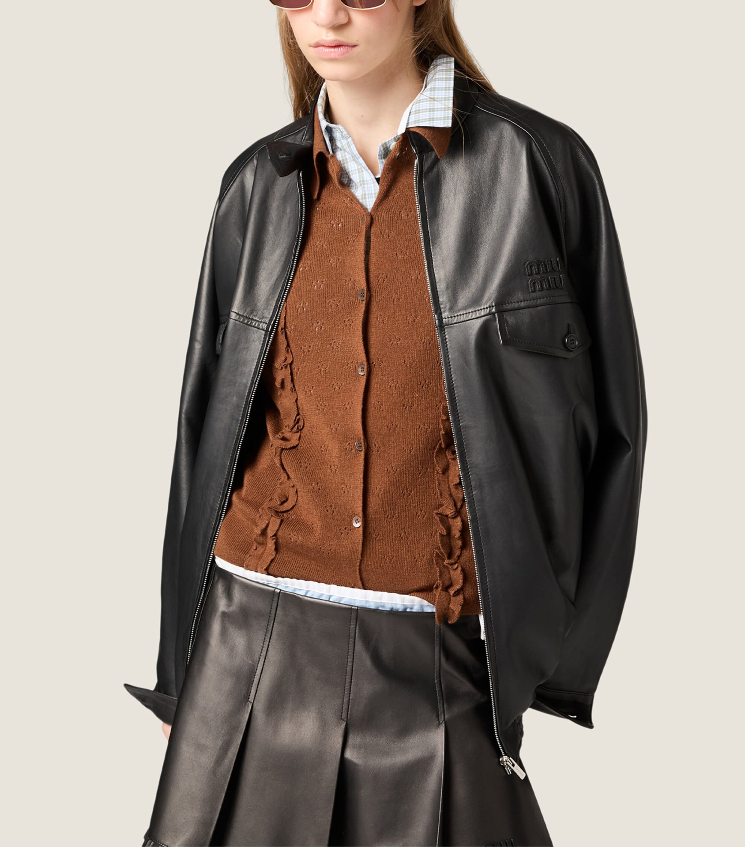 Miu Miu Womens Cashmere-Silk Ruffled Cardigan Brown Image 2