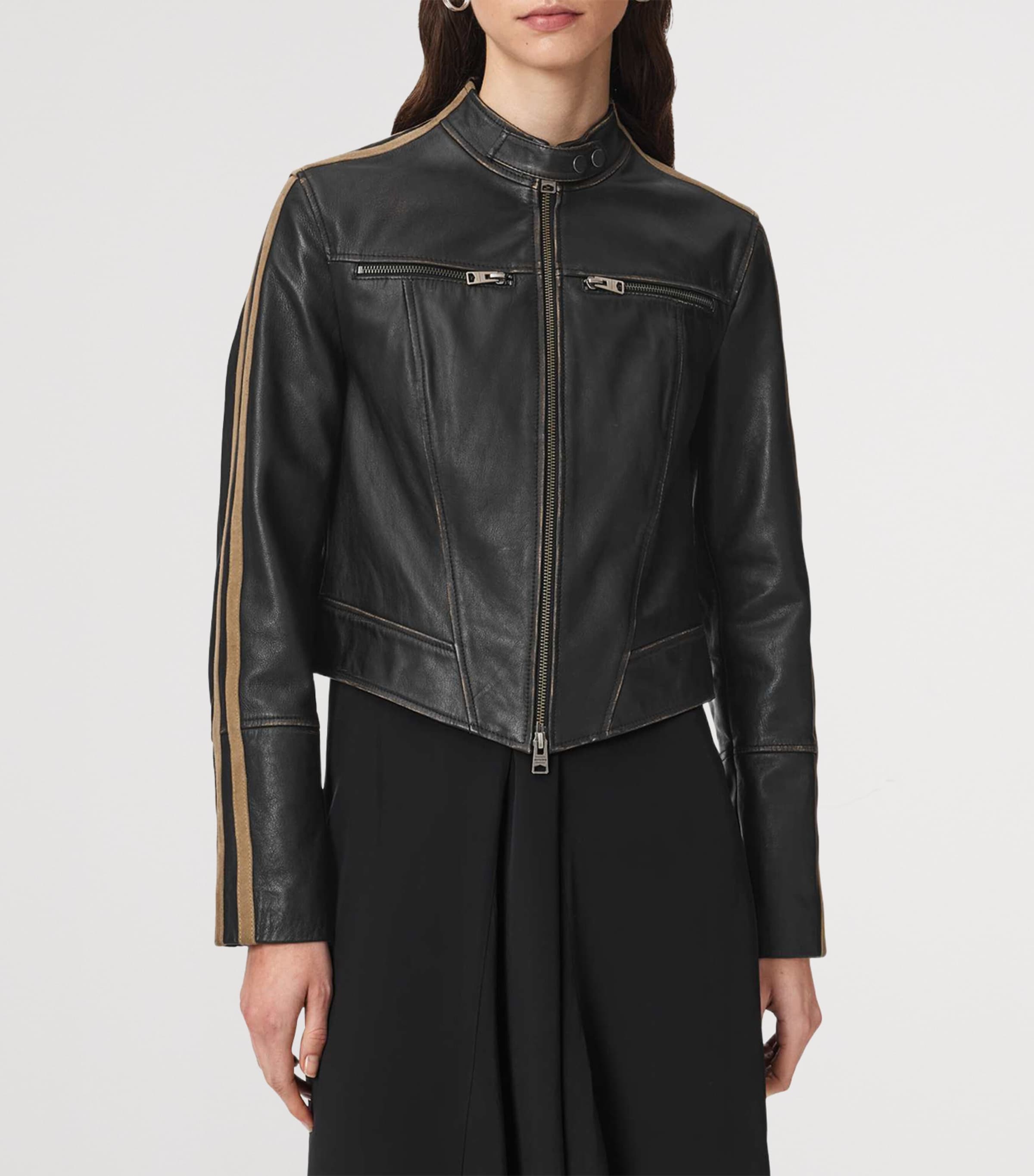 AllSaints Womens Tiggy Biker Leather Jacket Black/beige Image 3