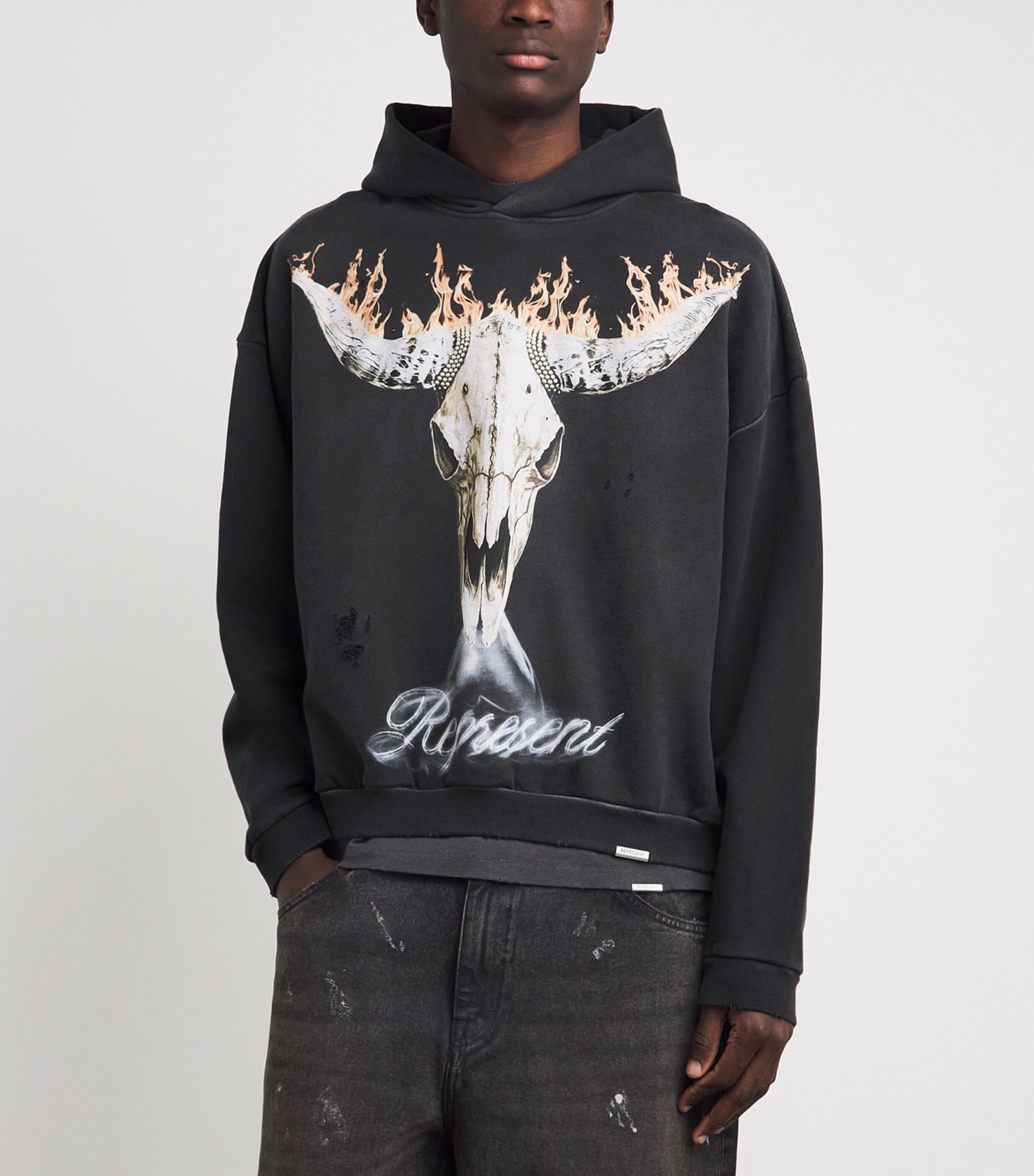 Represent Mens Cotton Flaming Stag Hoodie Stained Black Image 4