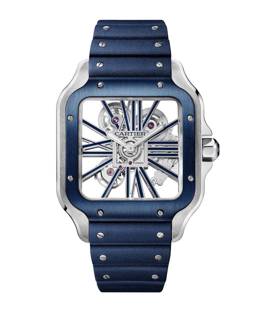 Large Steel Santos de Cartier Skeleton Watch 39.8mm SILVER DARK BLUE Image 2