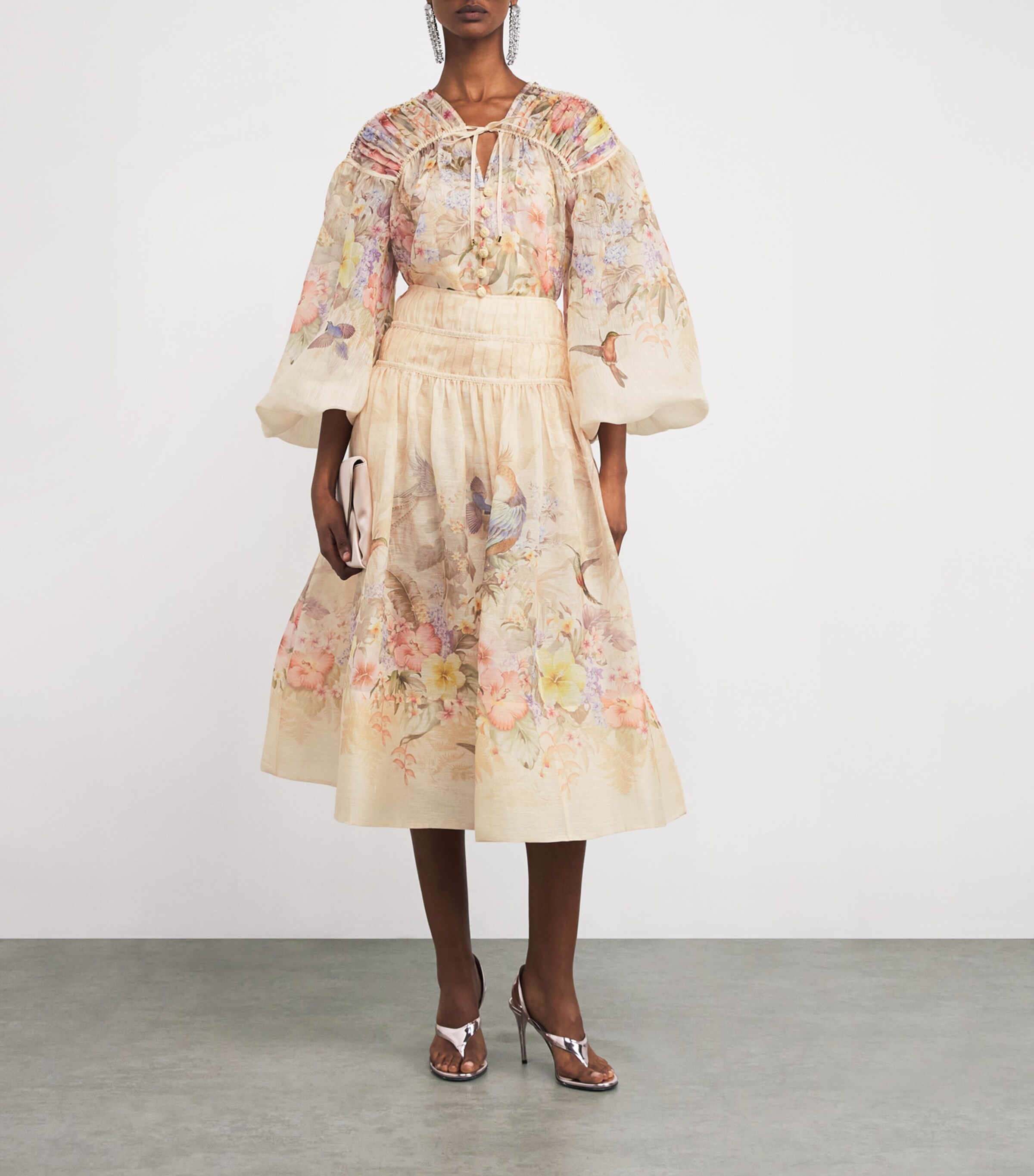 Zimmermann Womens Linen-Silk Midi Skirt Ivory Tropical Image 2