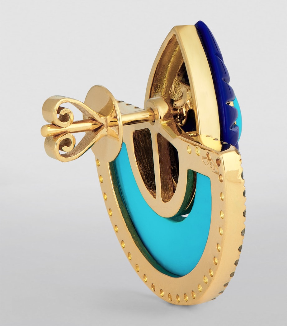 Yellow Gold, Lapis, Turquoise and Diamond Bond Fan Earrings TURQUOISE Image 3