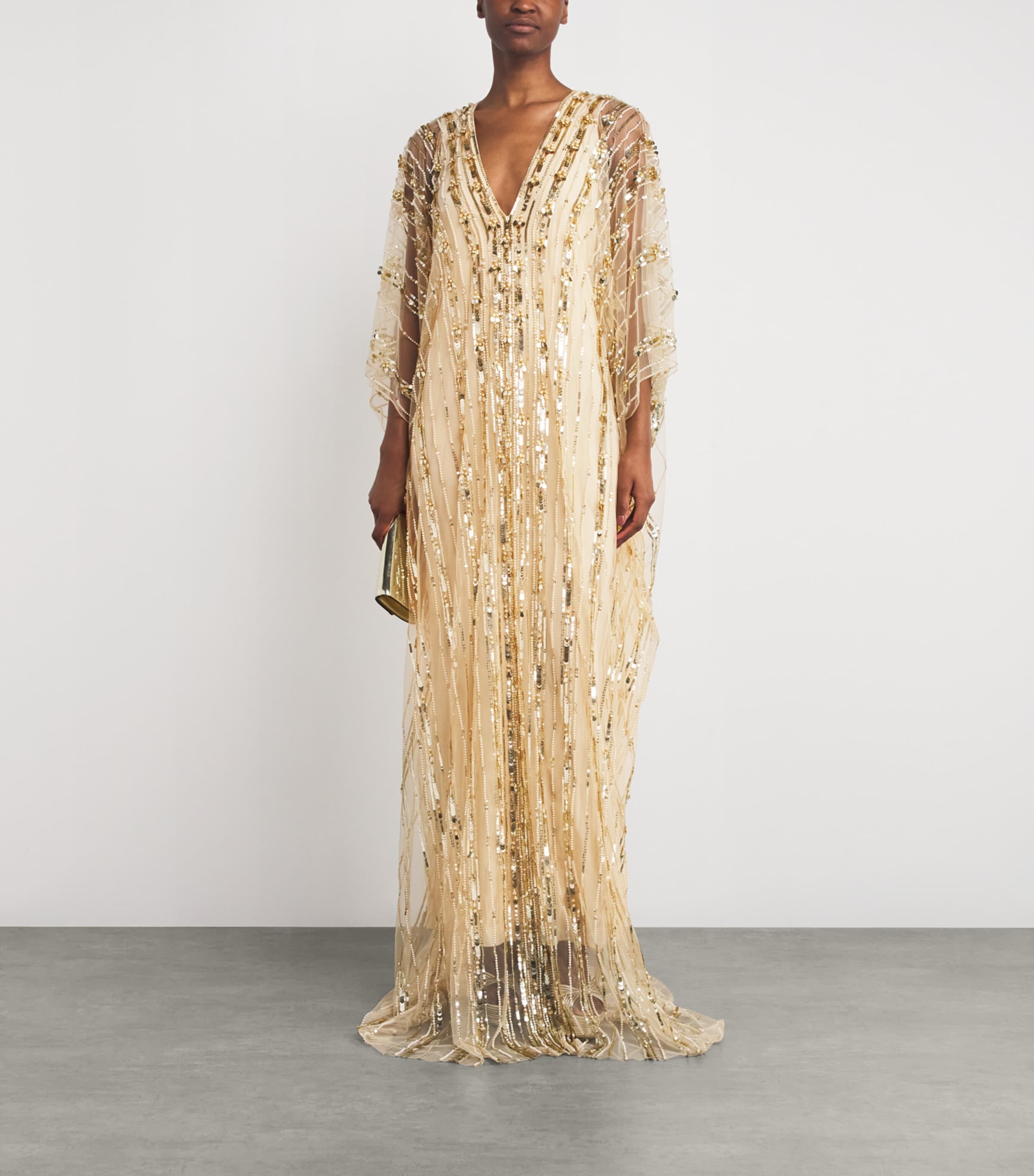 Pamella Roland Womens Tulle Embellished Kaftan Maxi Dress Gold Image 2
