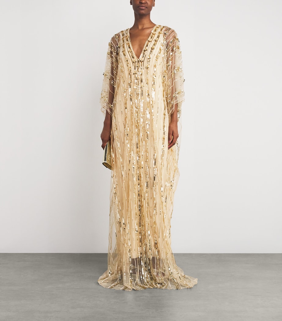 Pamella Roland Womens Tulle Embellished Kaftan Maxi Dress Gold Image 2