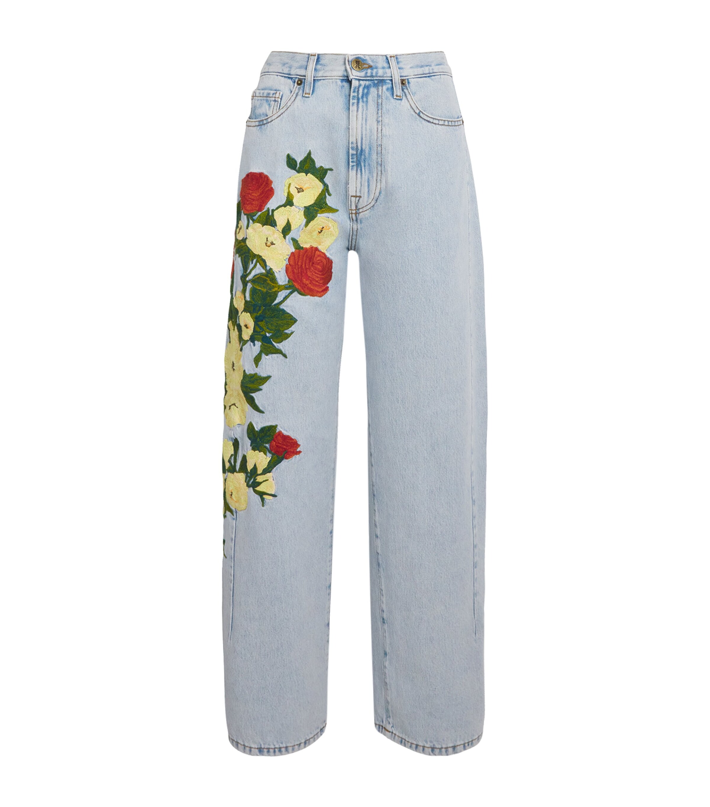 La Doublej Womens Floral Appliqué Barrel-Leg Jeans Mlti Rd/cmn/grn Image 1