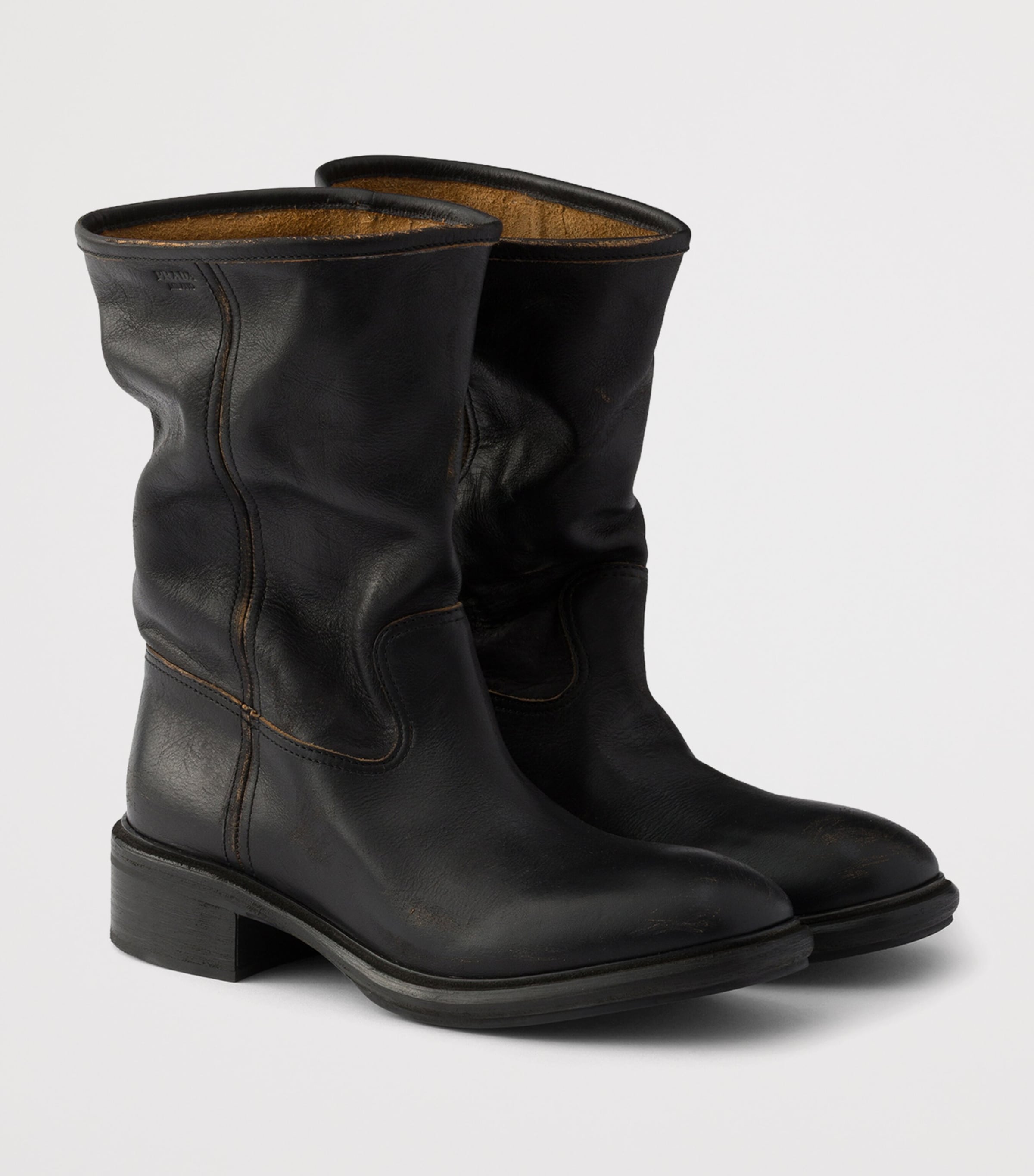 Prada Leather Vintage-Effect Mid-Calf Boots 30 Black Image 2
