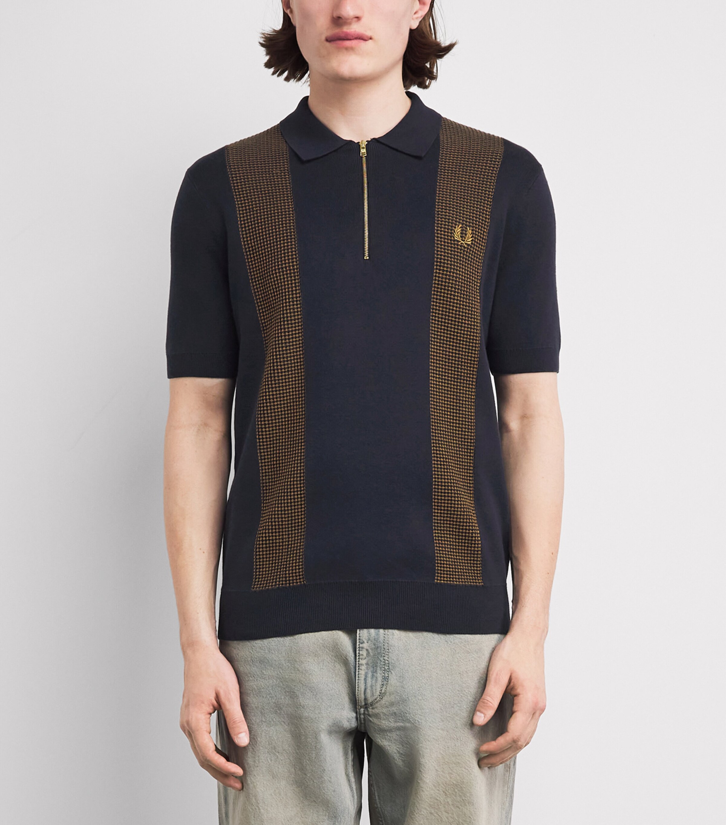 Fred Perry Mens Cotton Panelled Zip-Up Polo Shirt Navy Image 4