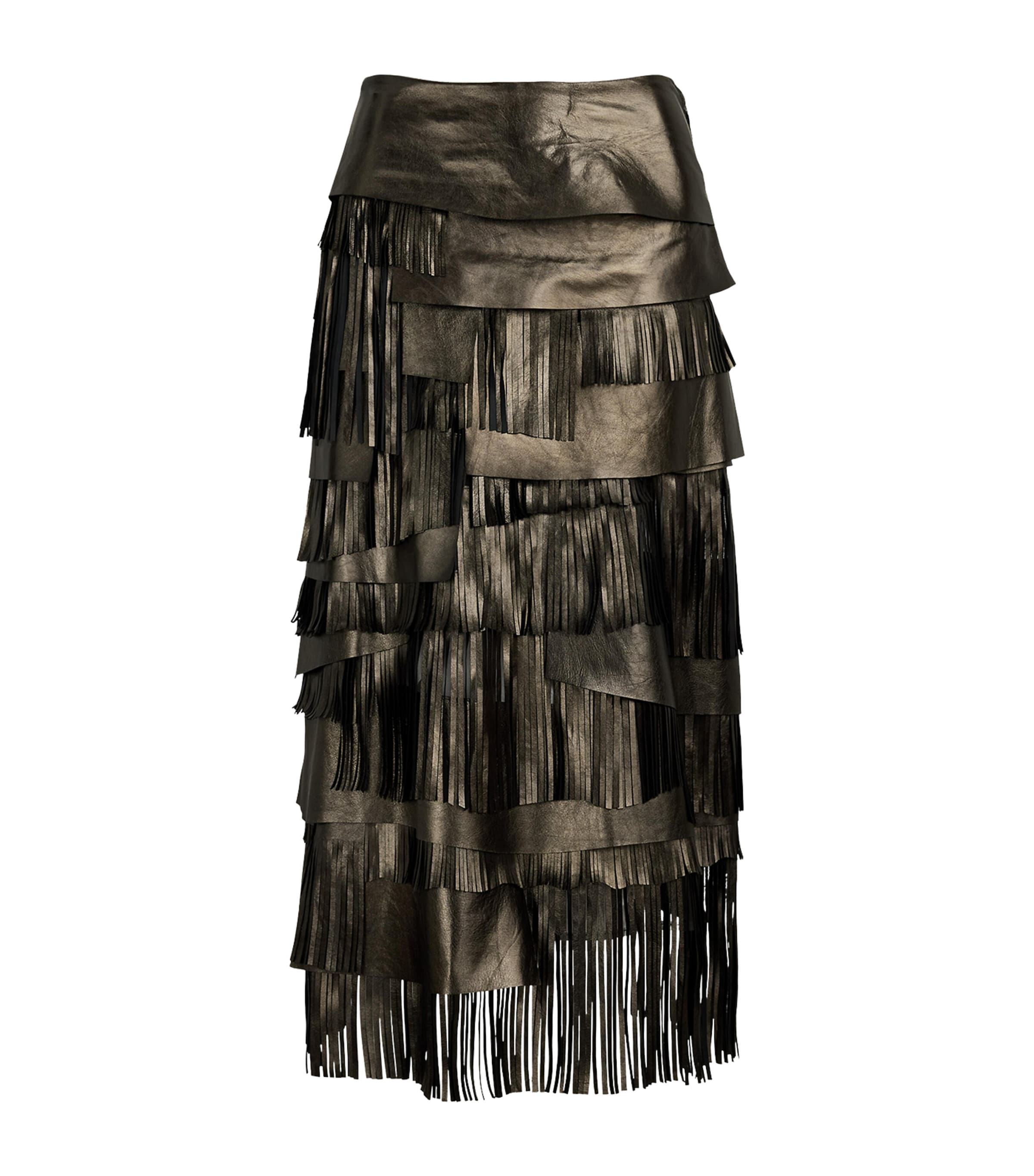 Ralph Lauren Collection Womens Leather Fringe Belinda Skirt Bronze Image 1