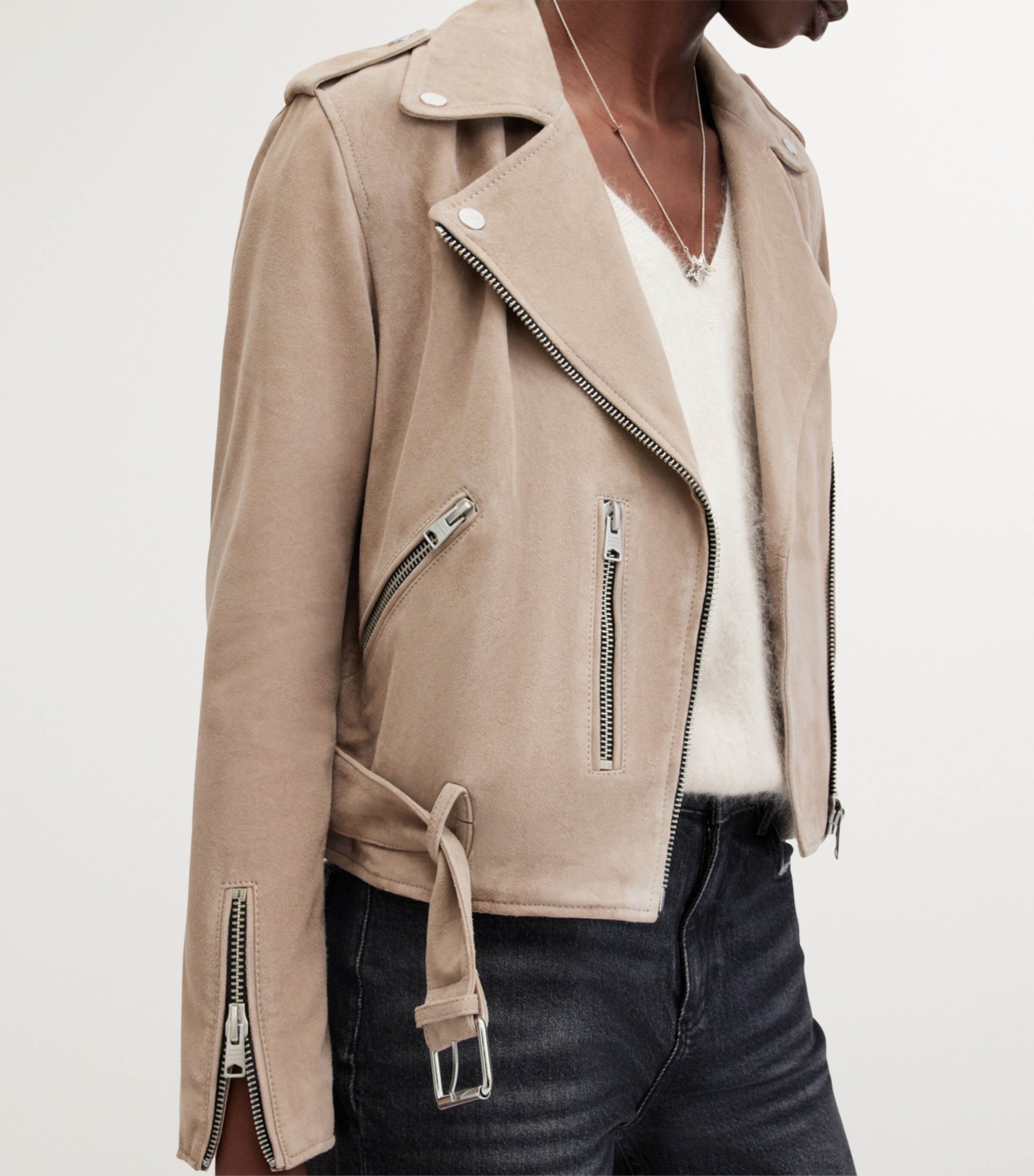 AllSaints Womens Suede Balfern Biker Jacket Warm Taupe Grey Image 5