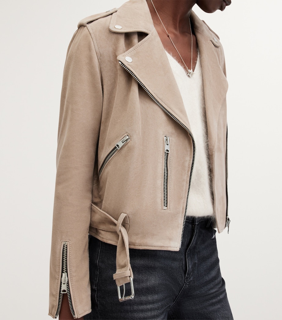 AllSaints Womens Suede Balfern Biker Jacket Warm Taupe Grey Image 5