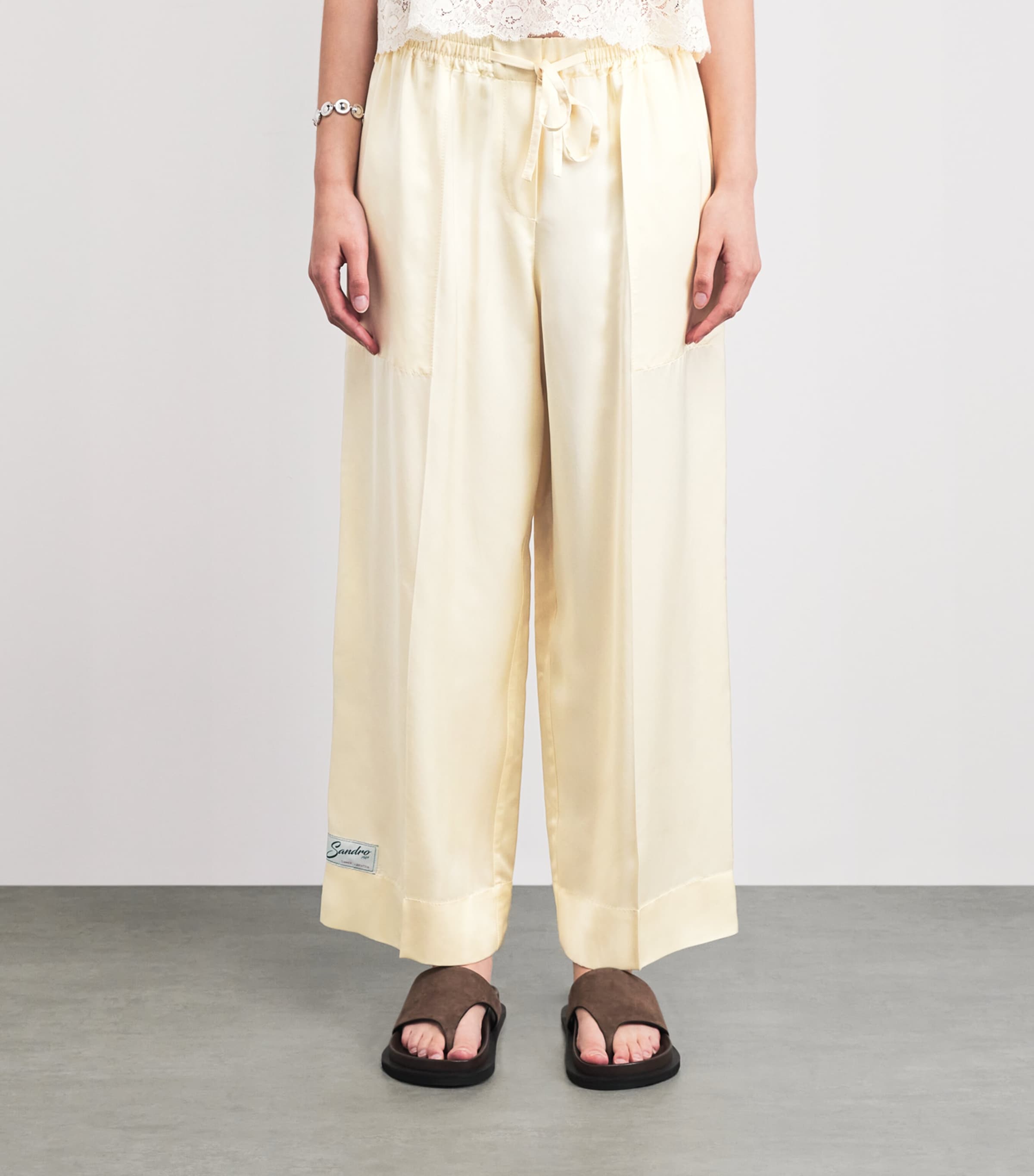 Sandro Paris Womens Satin Wide-Leg Trousers Light Yellow Image 4