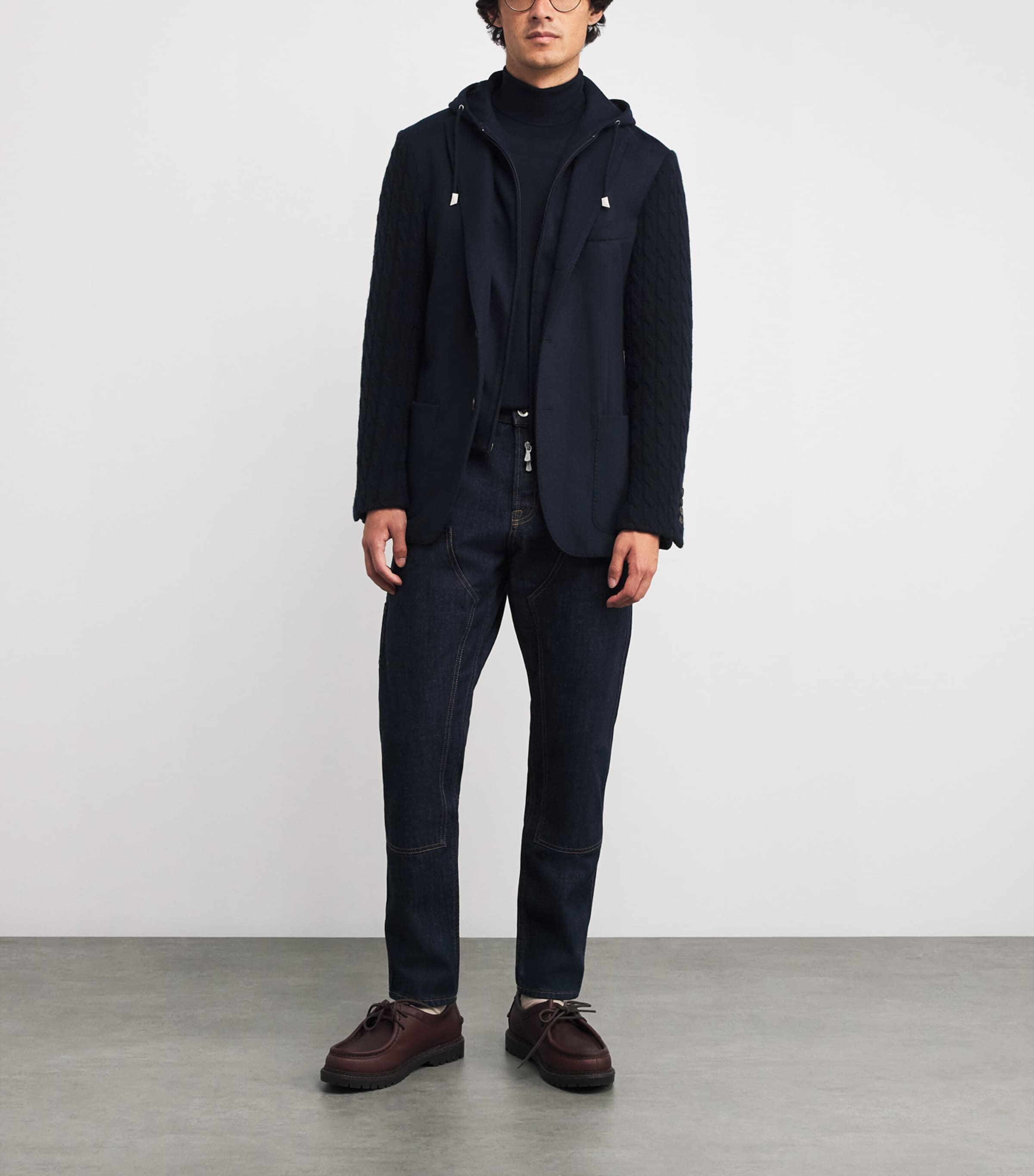 Knitted-Sleeve Layered Blazer BLU, BLU Image 2