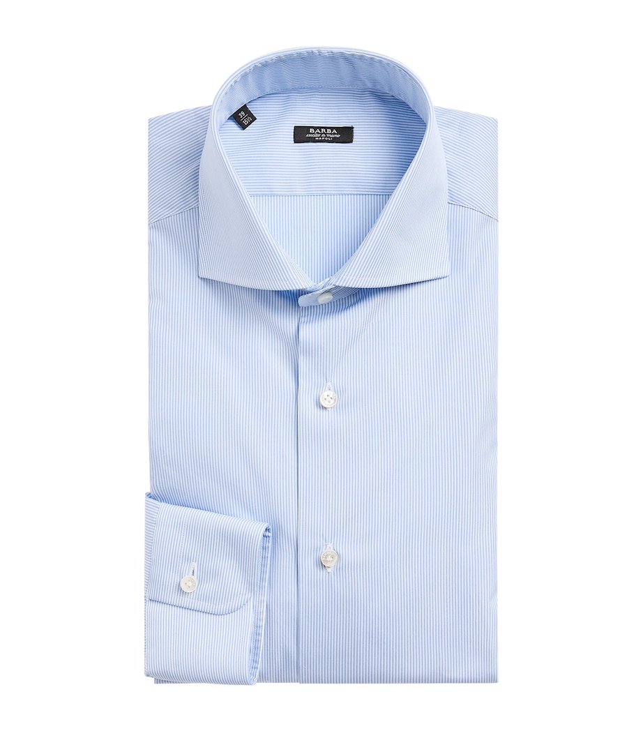 Barba Napoli Mens Cotton Stripe Slim Shirt Blue Image 1