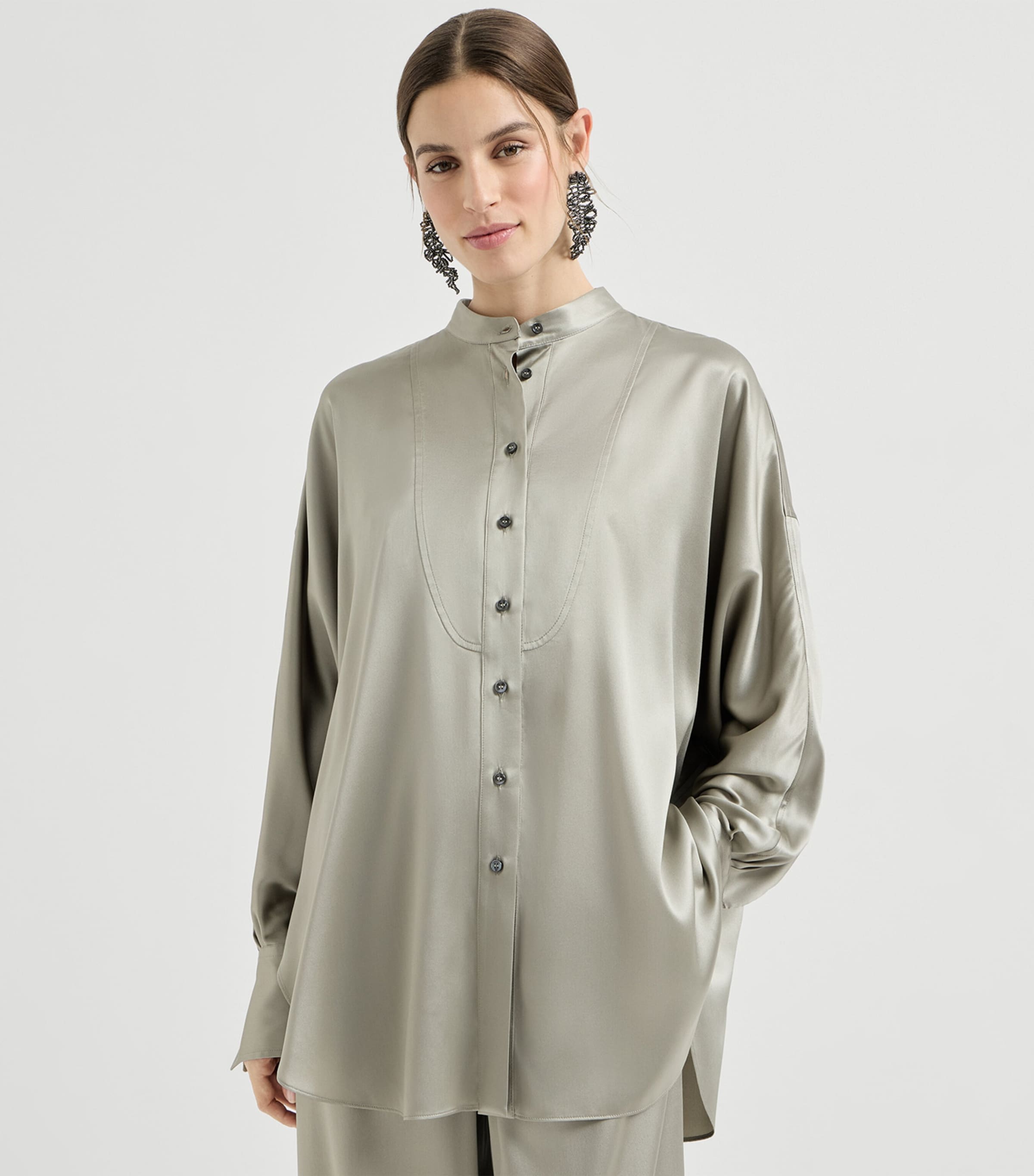 Stretch-Silk Mandarin-Collar Shirt C9125 Image 2
