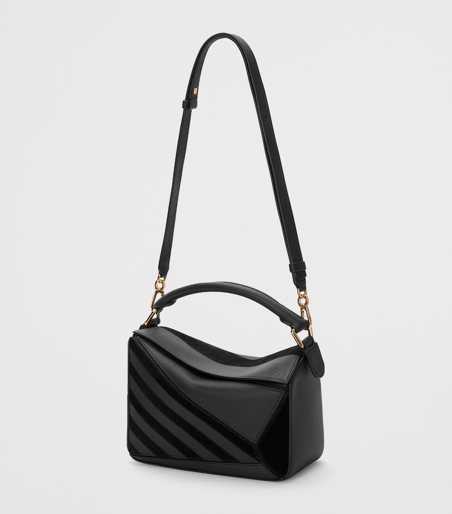 Small Leather Stripe Puzzle Edge Top-Handle Bag BLACK Image 5