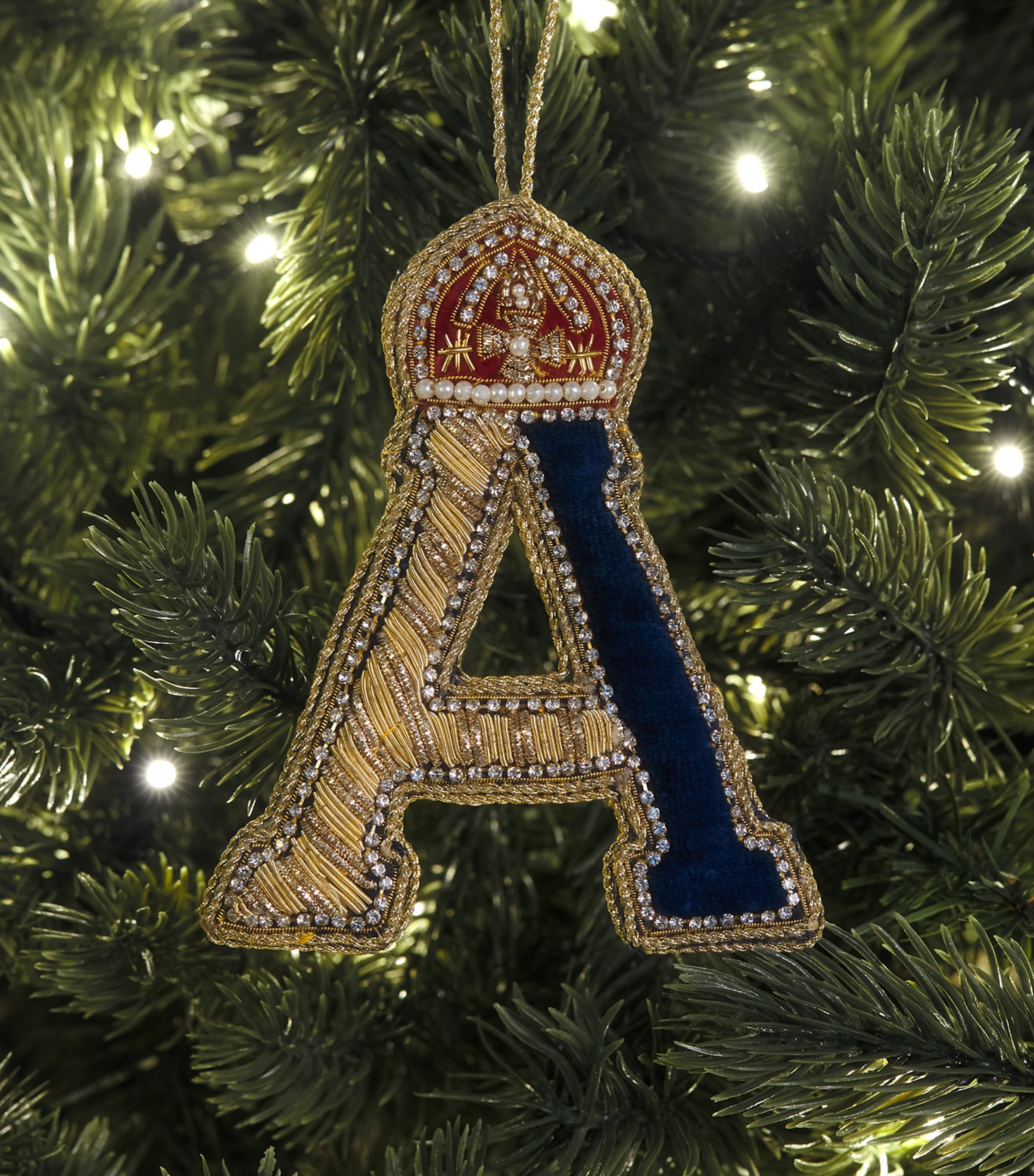 Tinker Tailor Velvet Embellished Letter 'A' Tree Decoration Navy, Gold & Wine Image 3