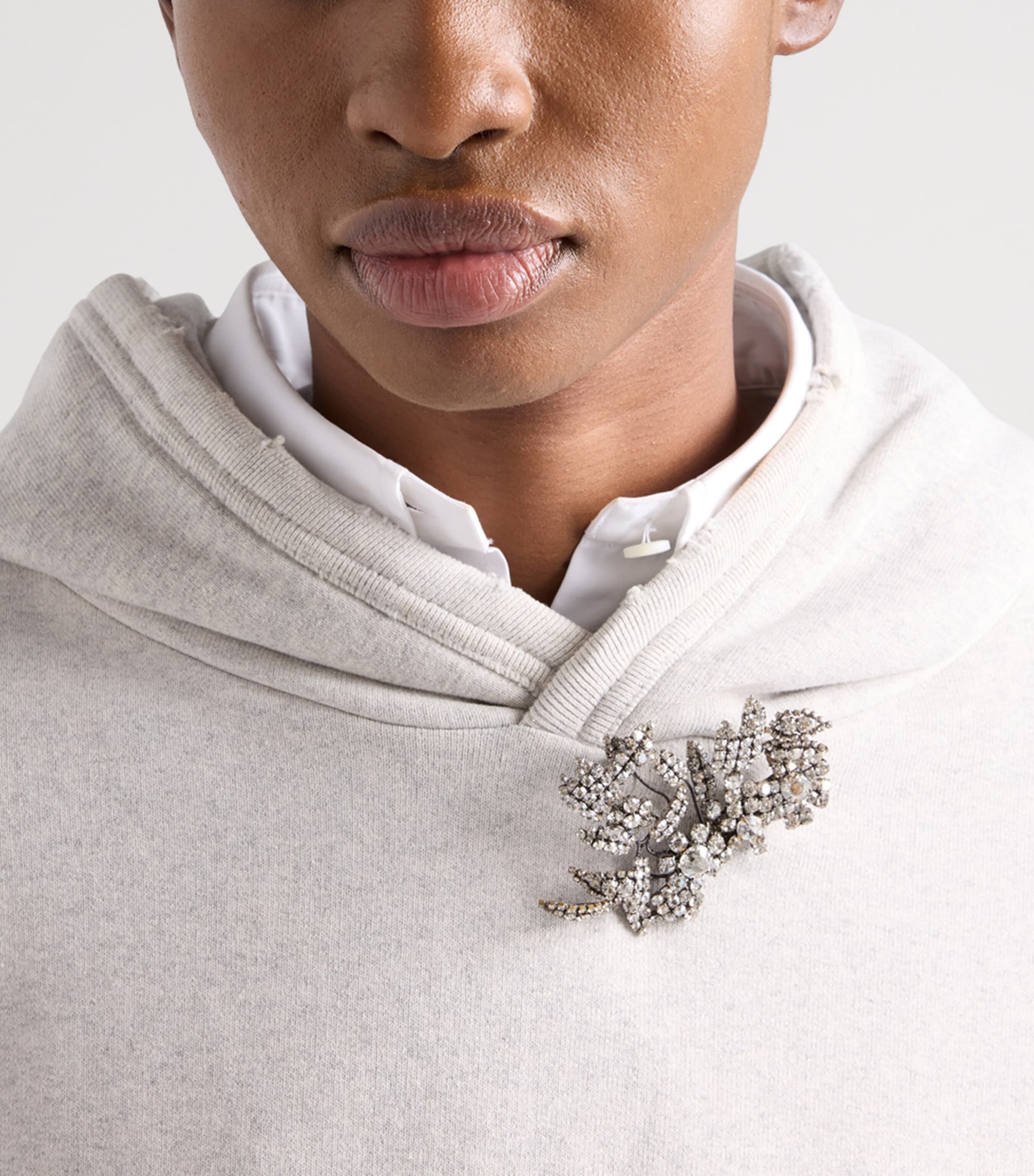 Prada Womens Cotton Fleece Hoodie with Jewelled Brooch Grey Image 3