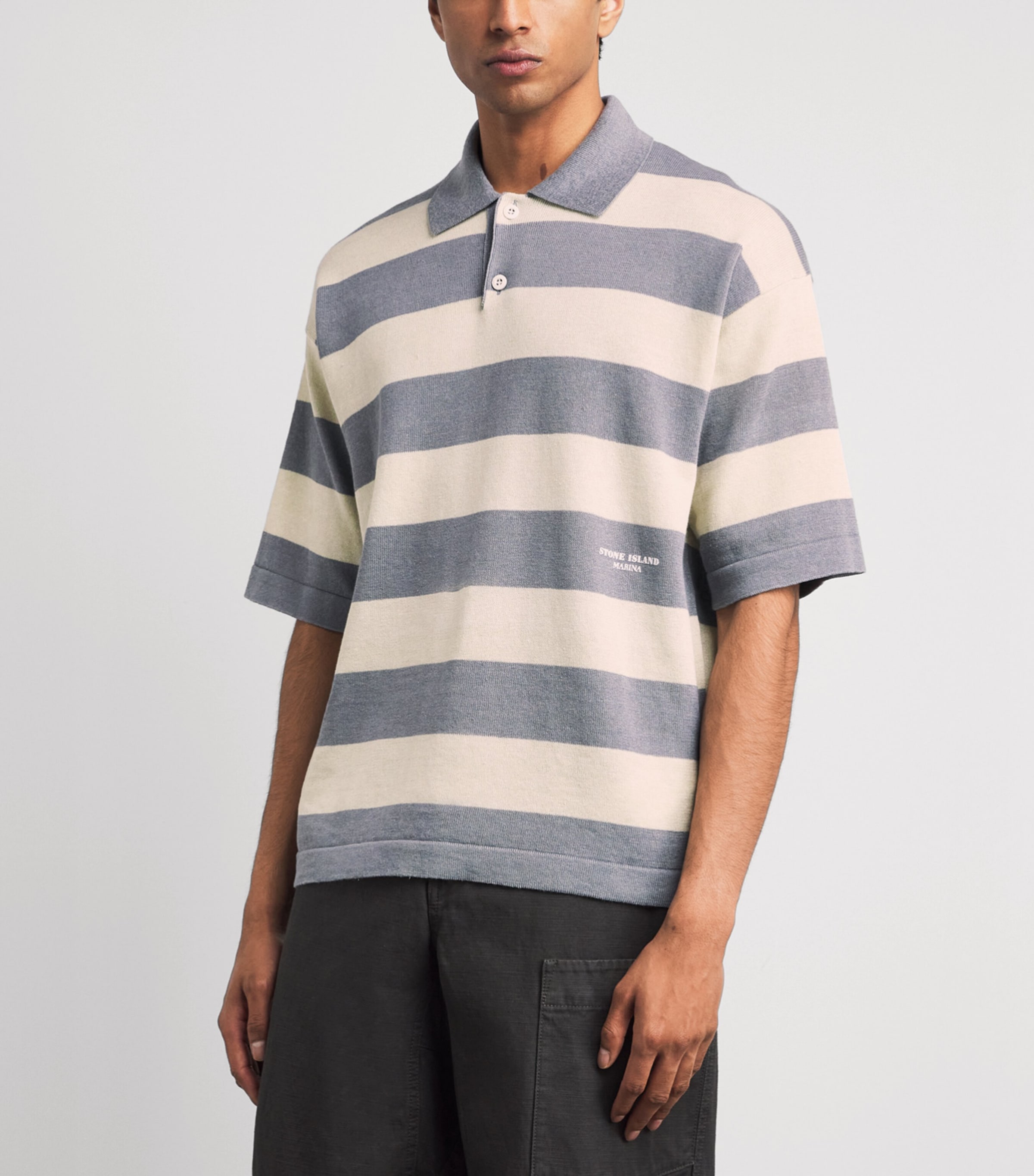 Stone Island Mens Cotton-Linen Stripe Polo Shirt Image 4