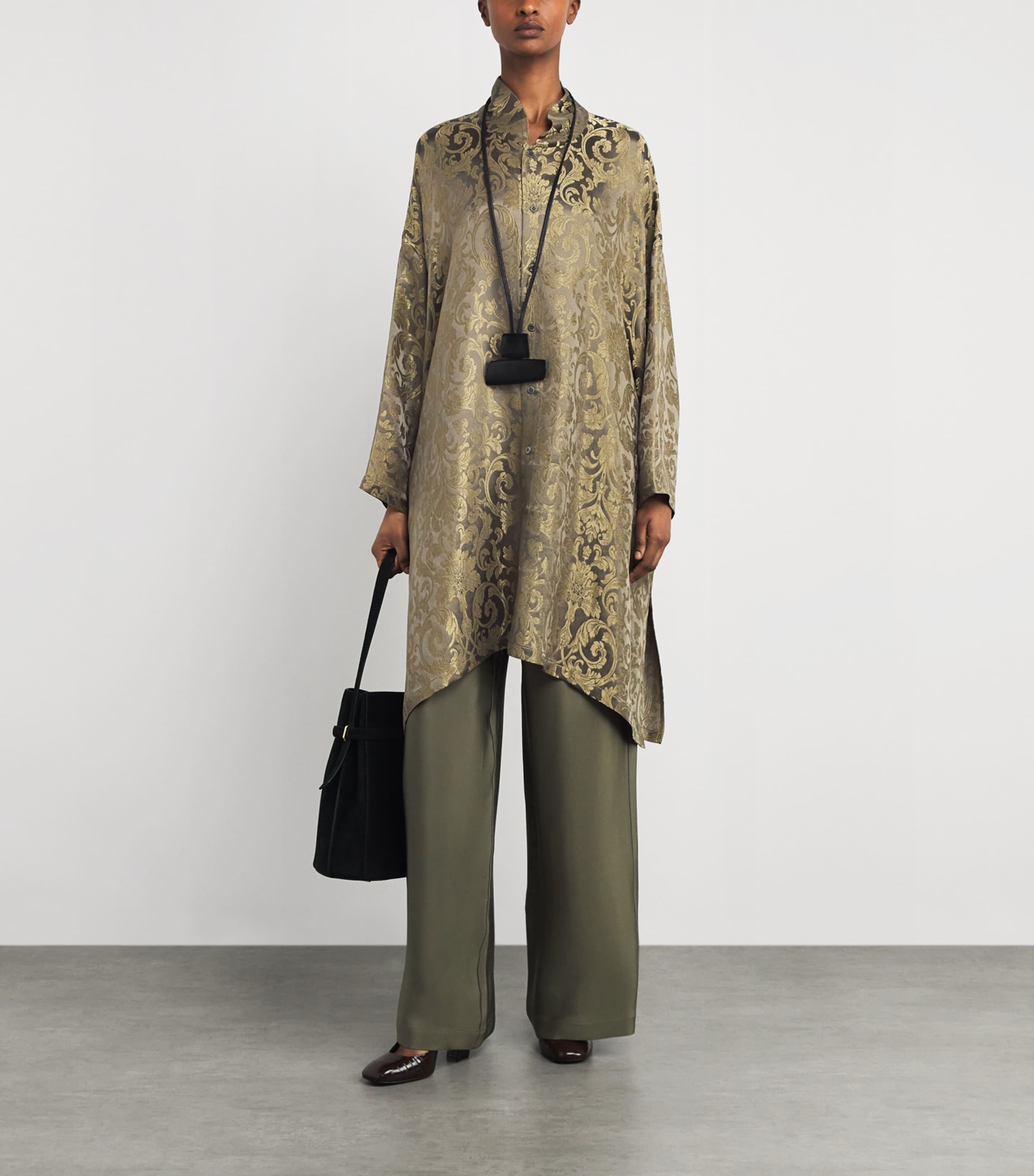 Metallic Jacquard Longline Shirt OLIVDARK Image 2