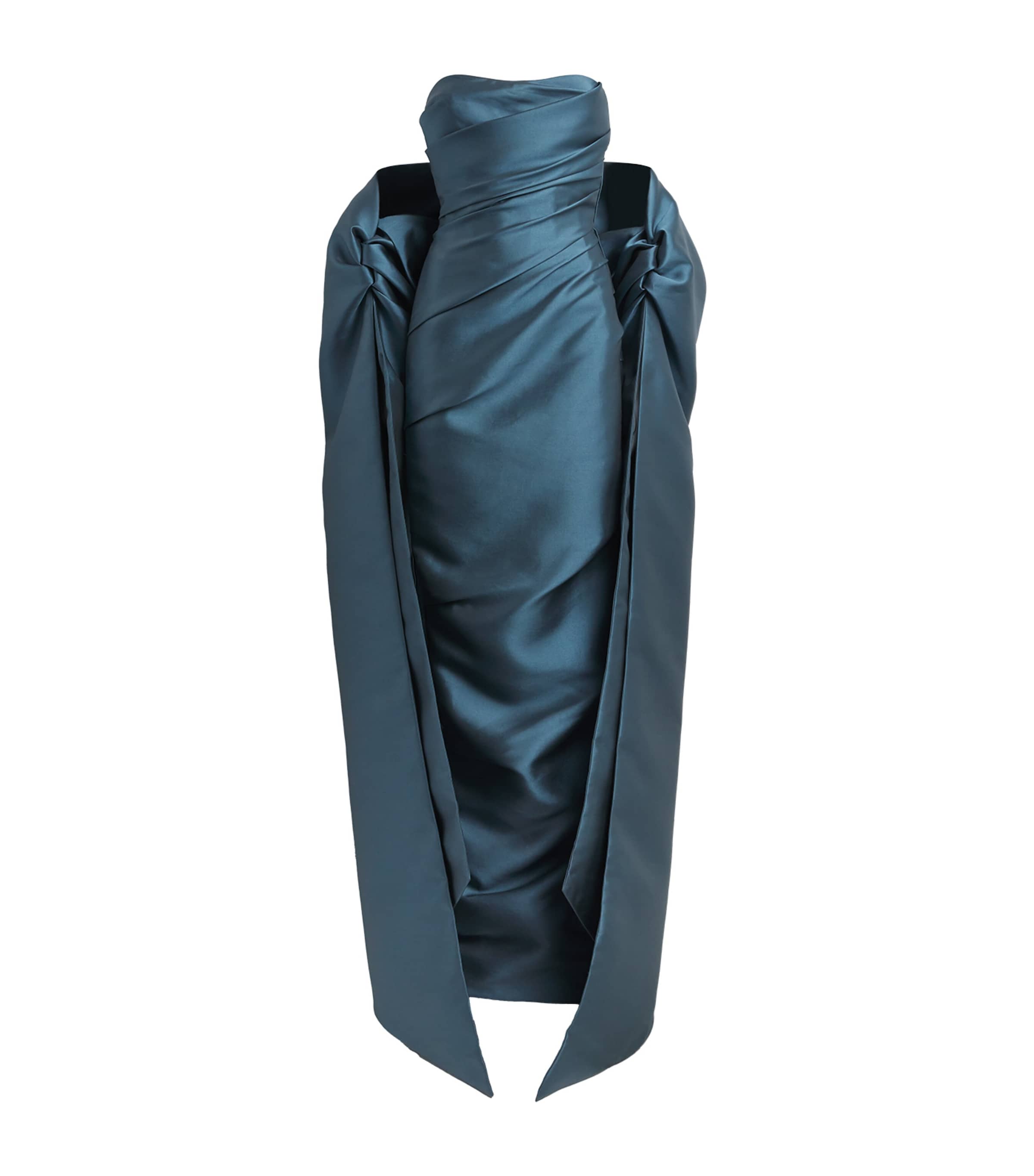 Marmar Halim Satin Cape Column Gown In Blue