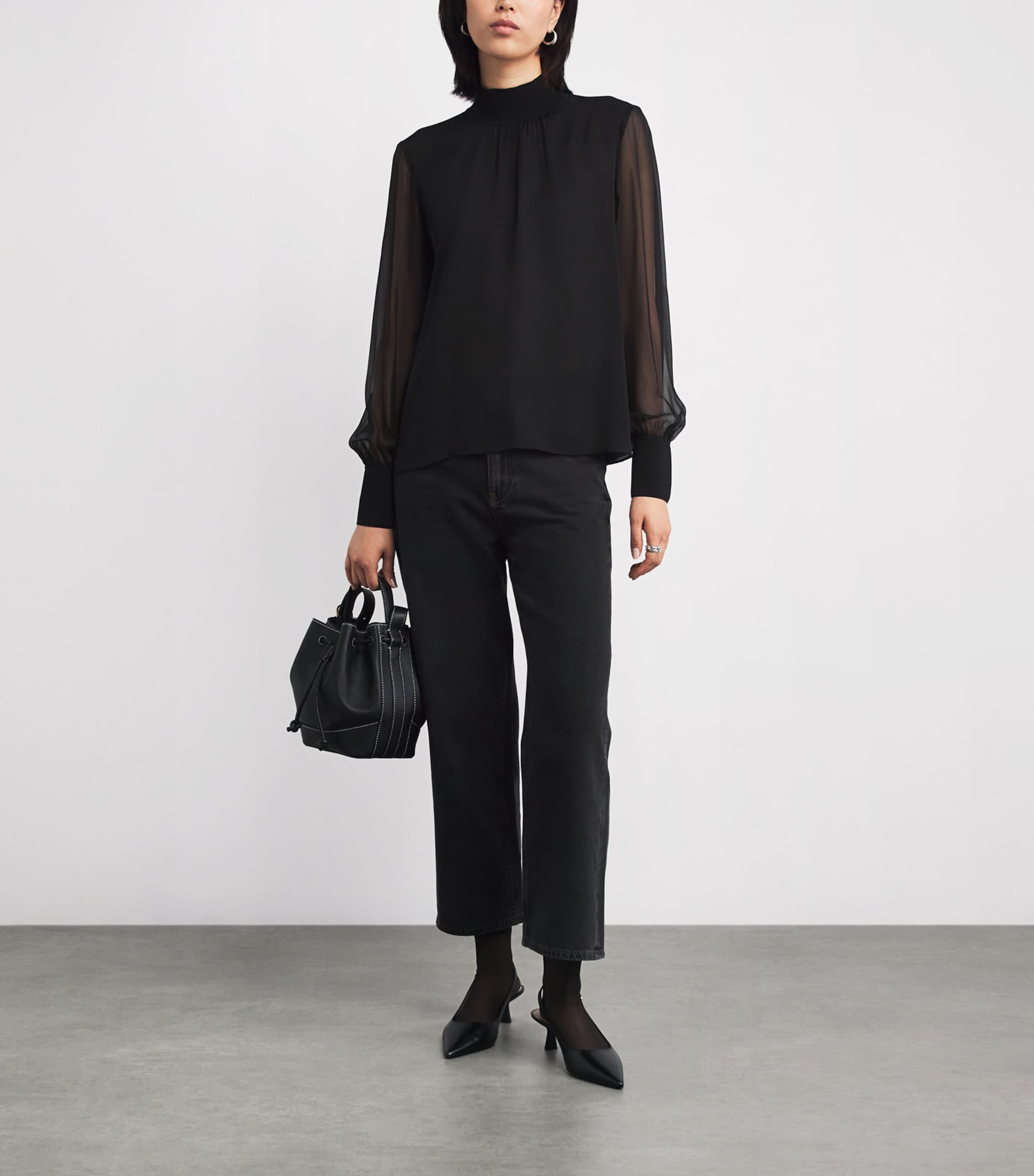 Silk Sheer-Sleeve Blouse BLACK Image 2