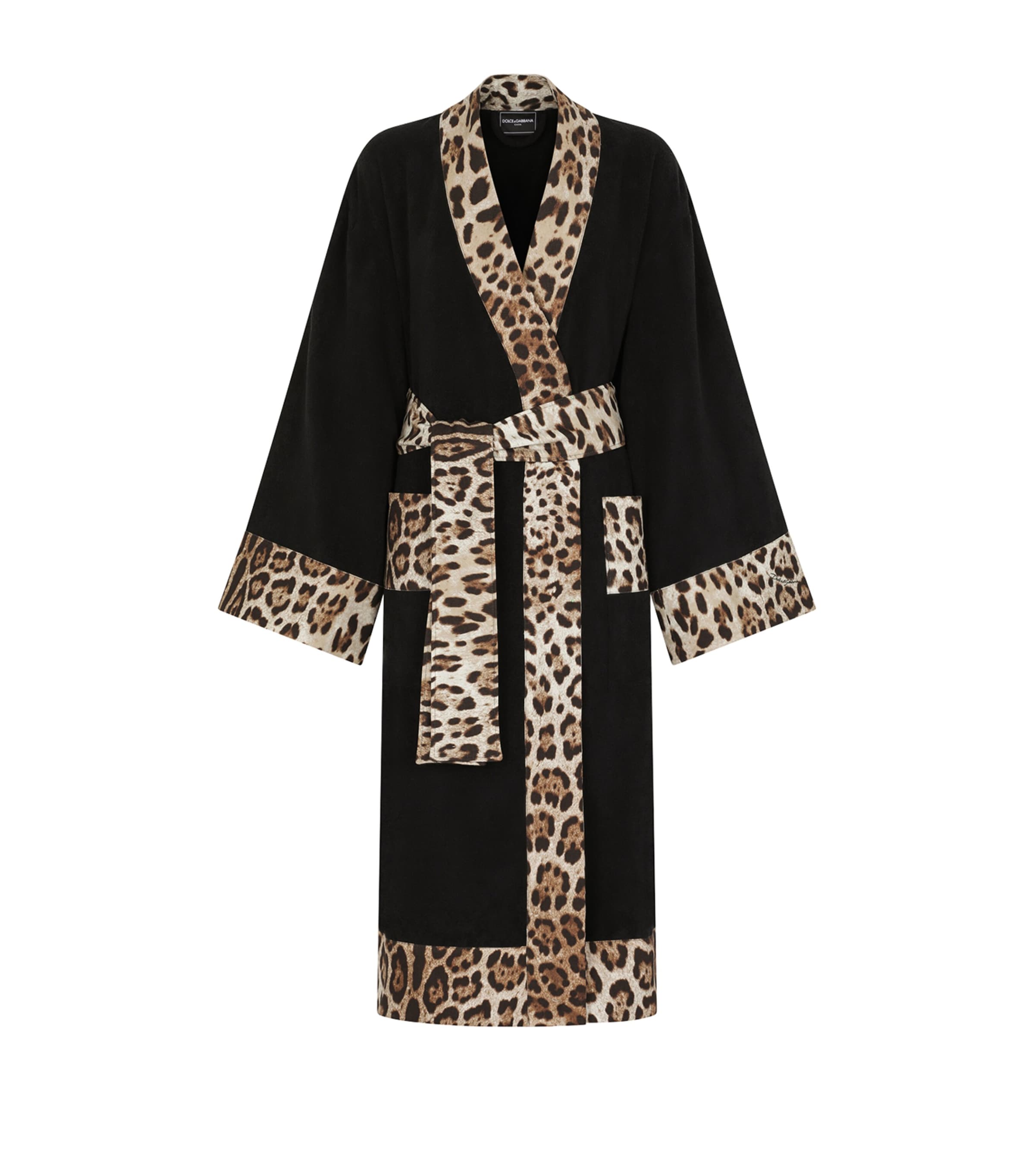 Dolce & Gabbana Casa Terry Cotton Leopard Print Robe In Black