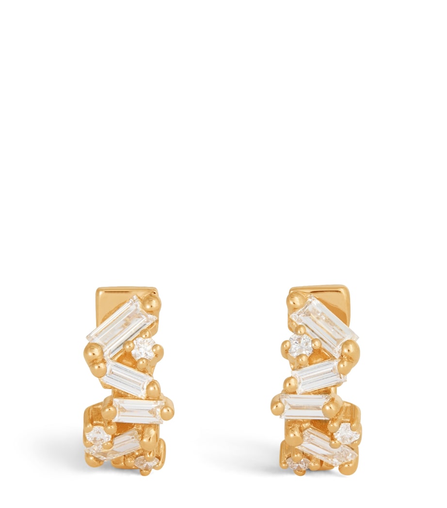 Yellow Gold and Diamond Fireworks Huggie Hoop Earrings 18K YG/WD Image 1