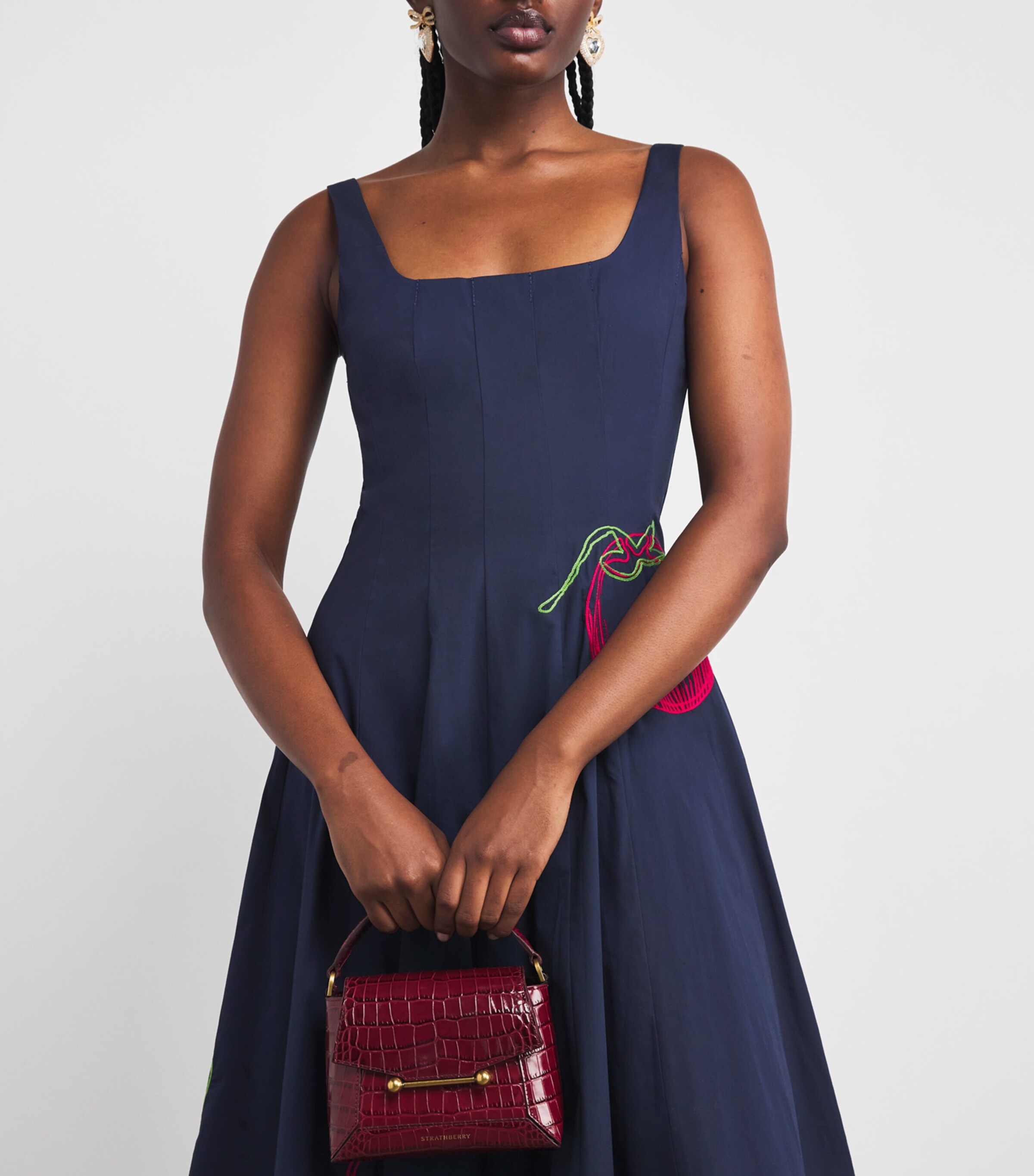STAUD Navy Tomato-Embroidered Wells Midi Dress | Harrods MC