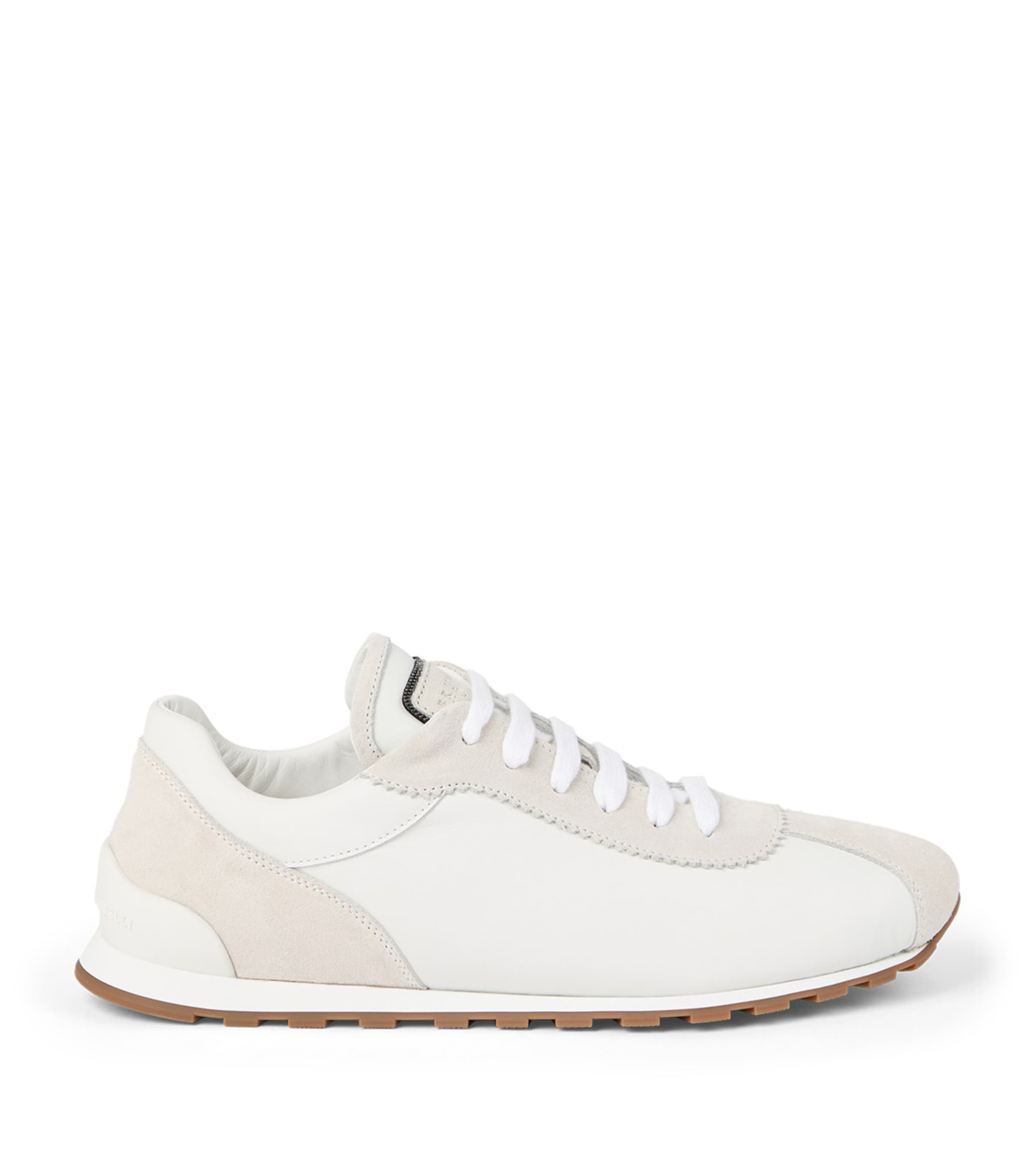 Brunello Cucinelli Embellished Suede-trimmed Stretch-knit Sneakers In White