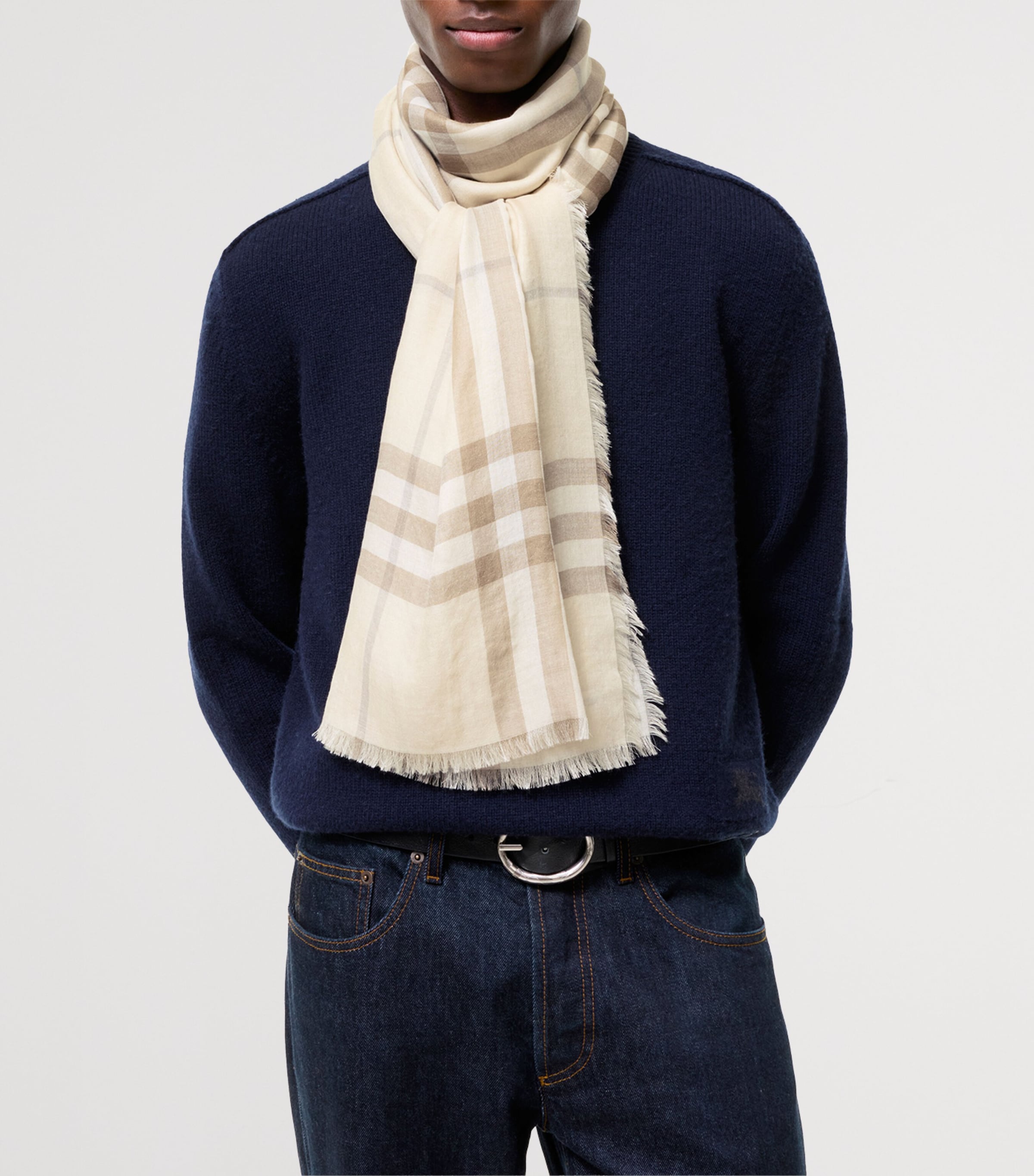 Burberry Wool-Silk Reversible Check Scarf Sesame Beige Check Image 5