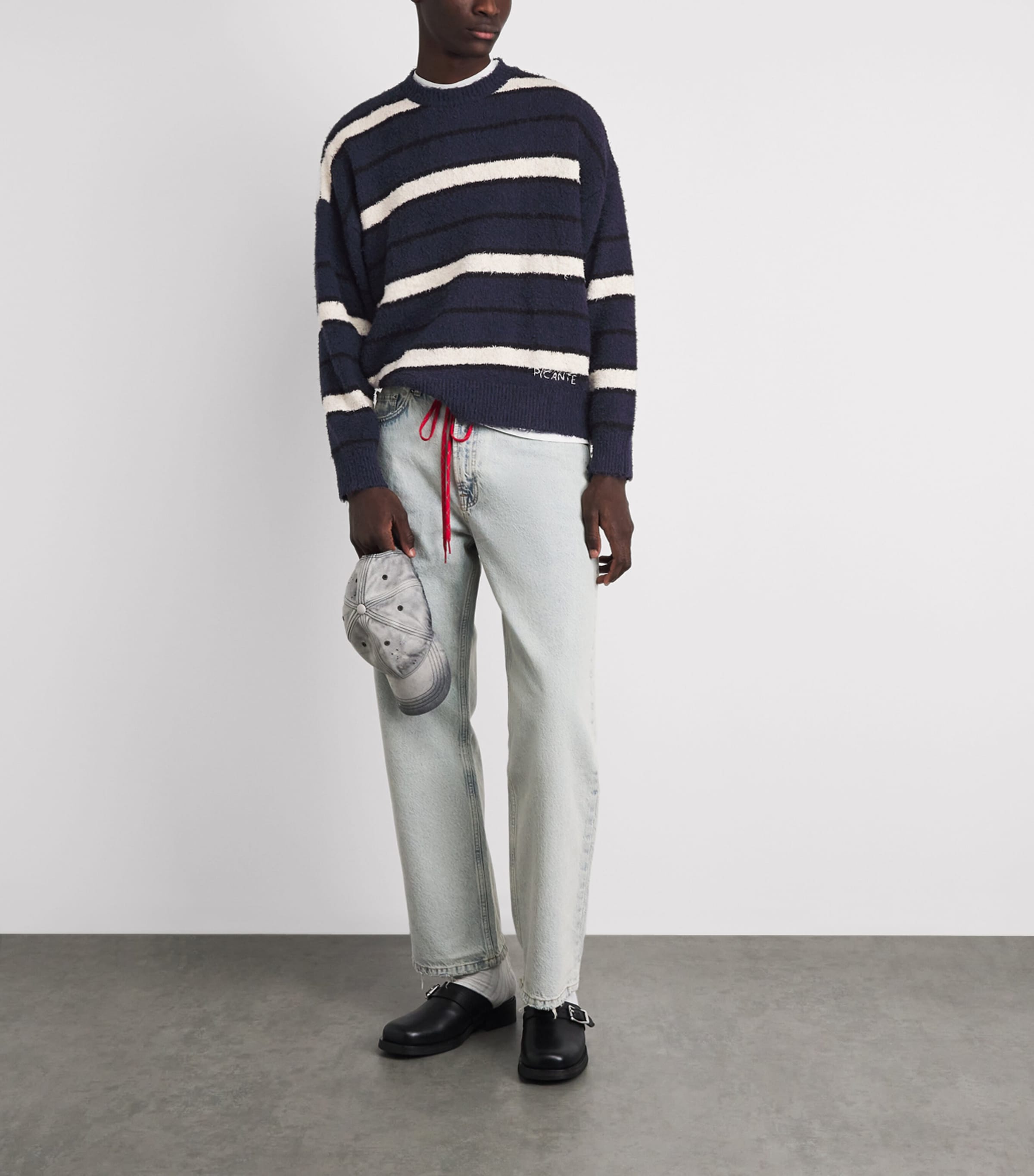 PICANTE Mens Cotton-Blend Shaggy Stripe Sweater Navy Stripe Image 2