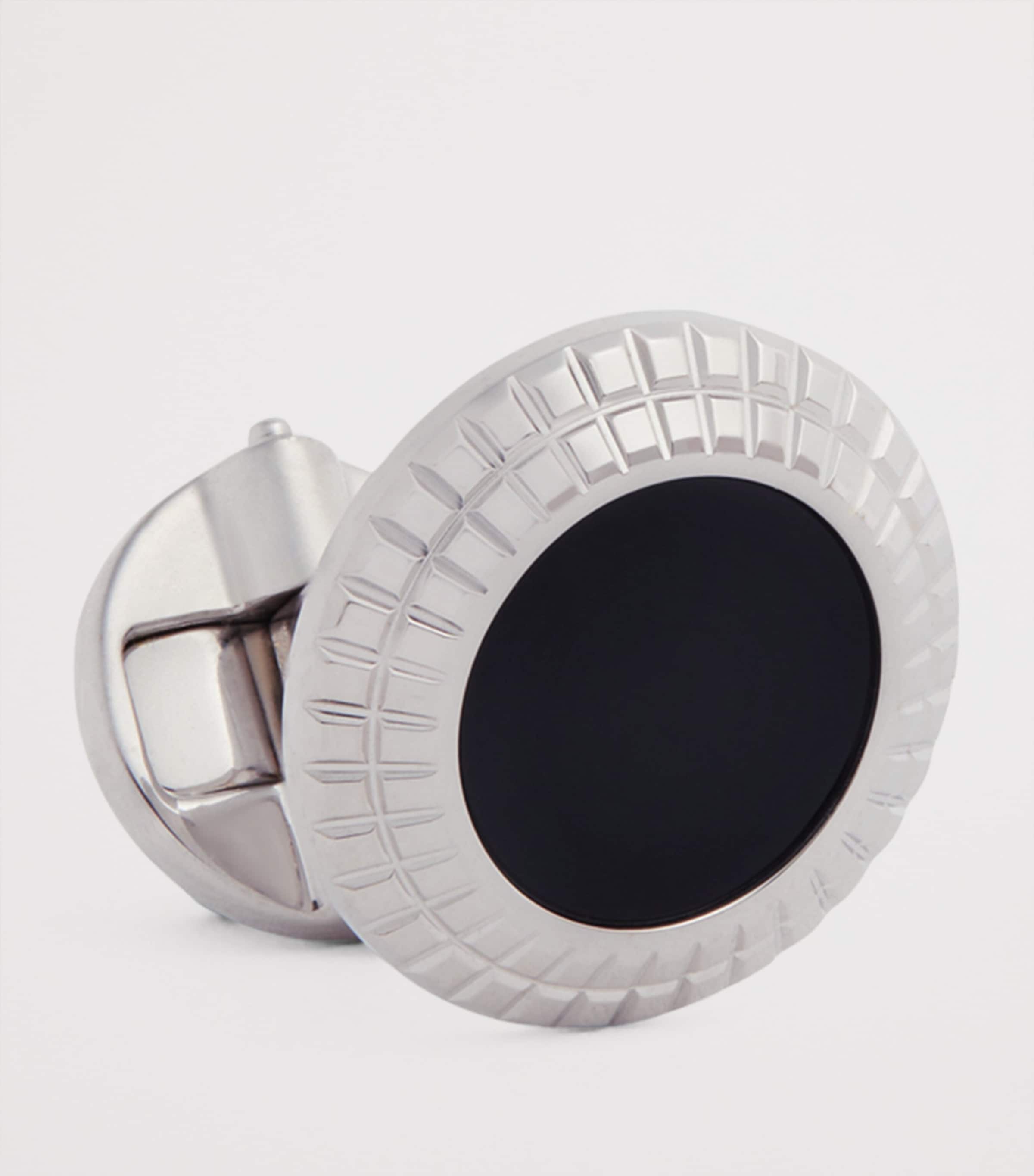 Silver and Onyx Hobnail Coin Cufflinks 001BLACK Image 2