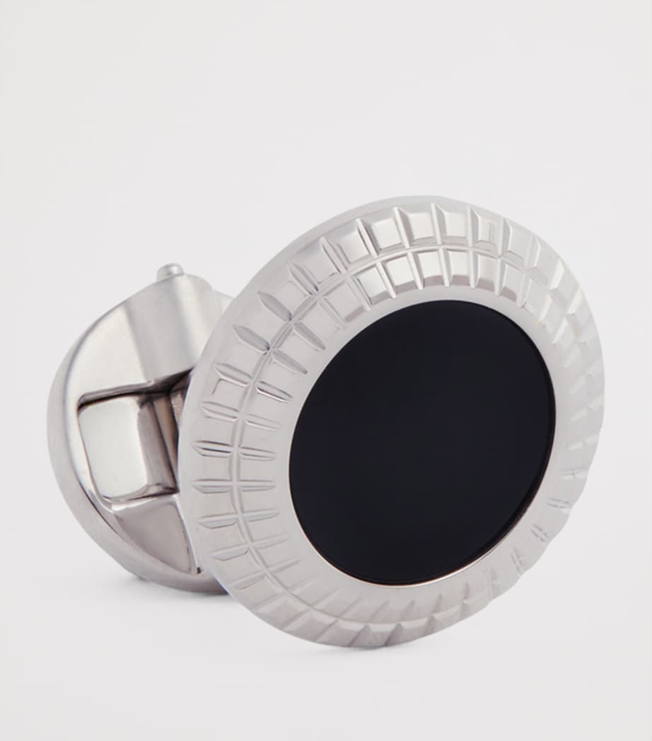Silver and Onyx Hobnail Coin Cufflinks 001BLACK Image 2
