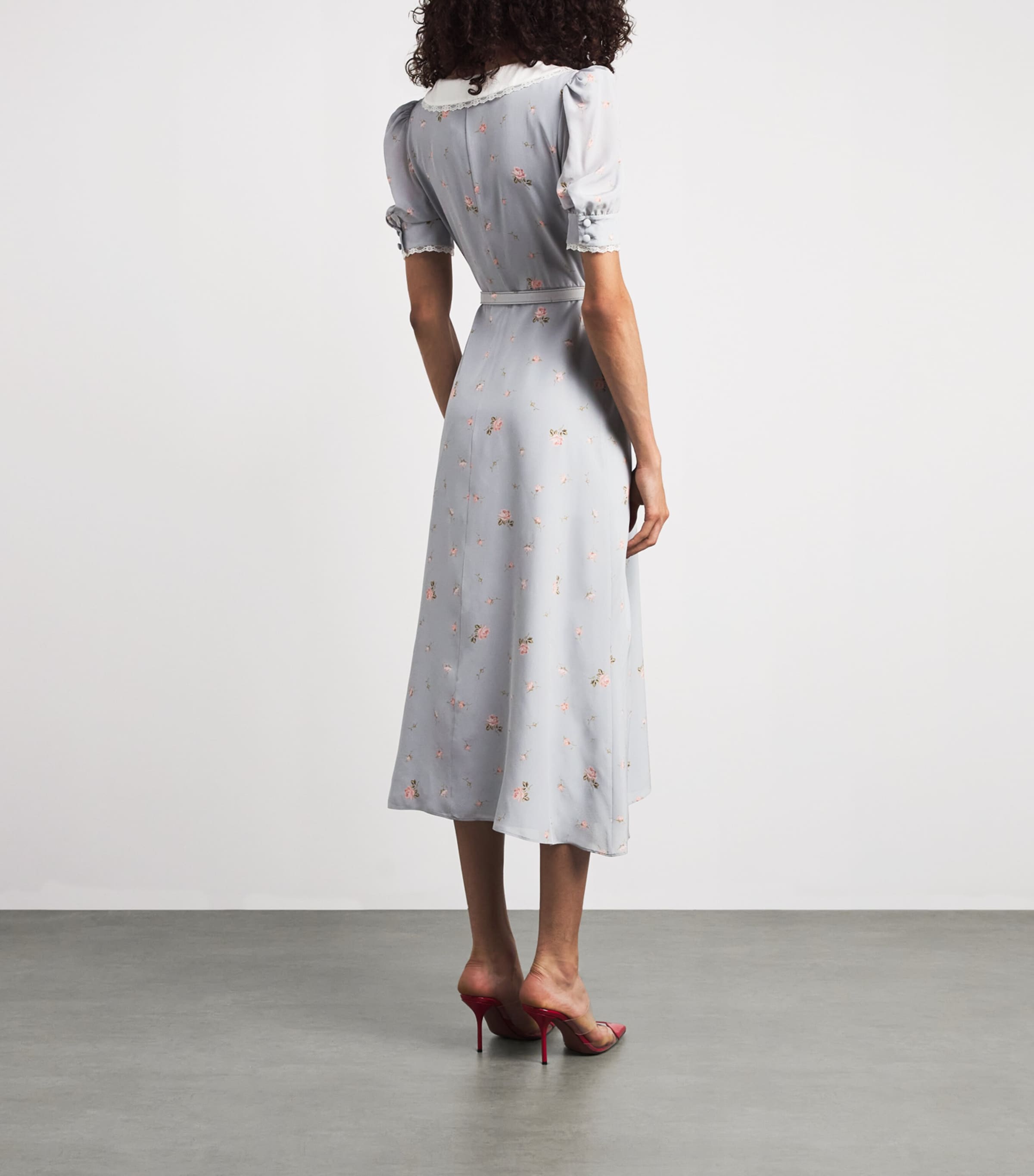 Alessandra Rich Womens Floral Print Belted Midi Dress Pearl Grey Pink Image 4