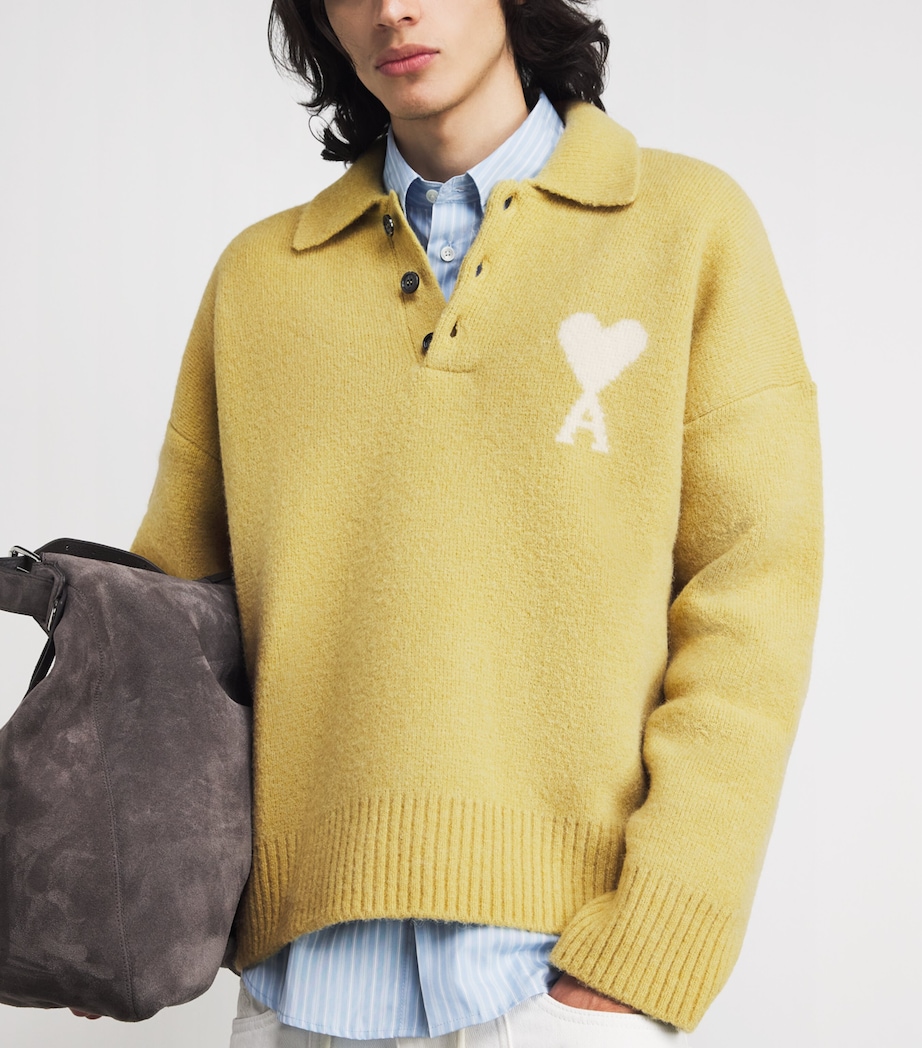 AMI Paris Mens Alpaca-Blend Ami de Coeur Polo Sweater Anis/ecru Image 3