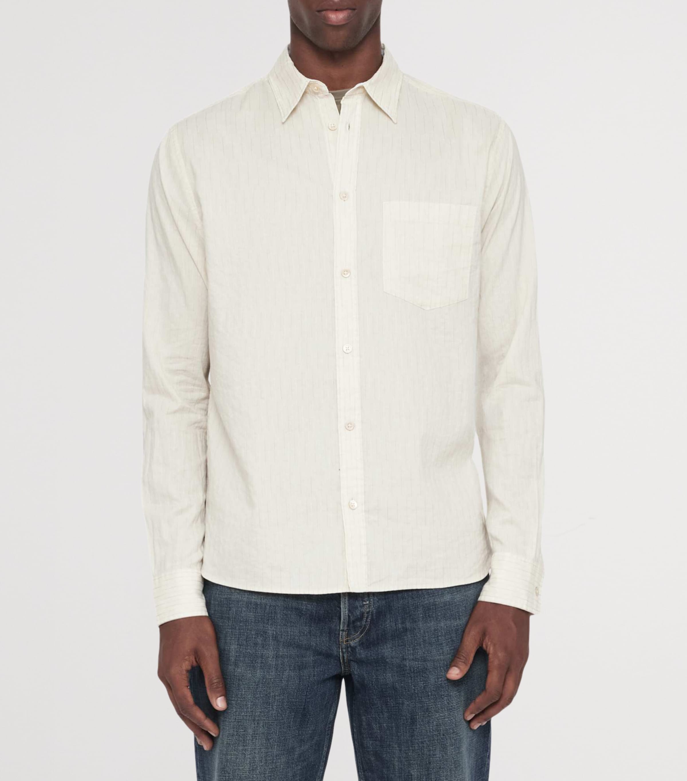 AllSaints Mens Organic Cotton Stripe Judd Shirt Cream Taupe Image 3