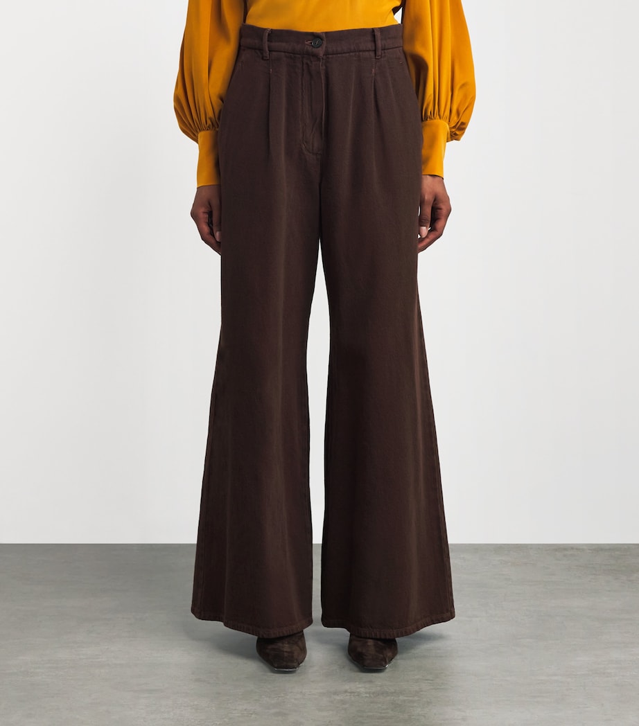 Cotton Pleated Wide-Leg Trousers CHOCOLATE Image 3