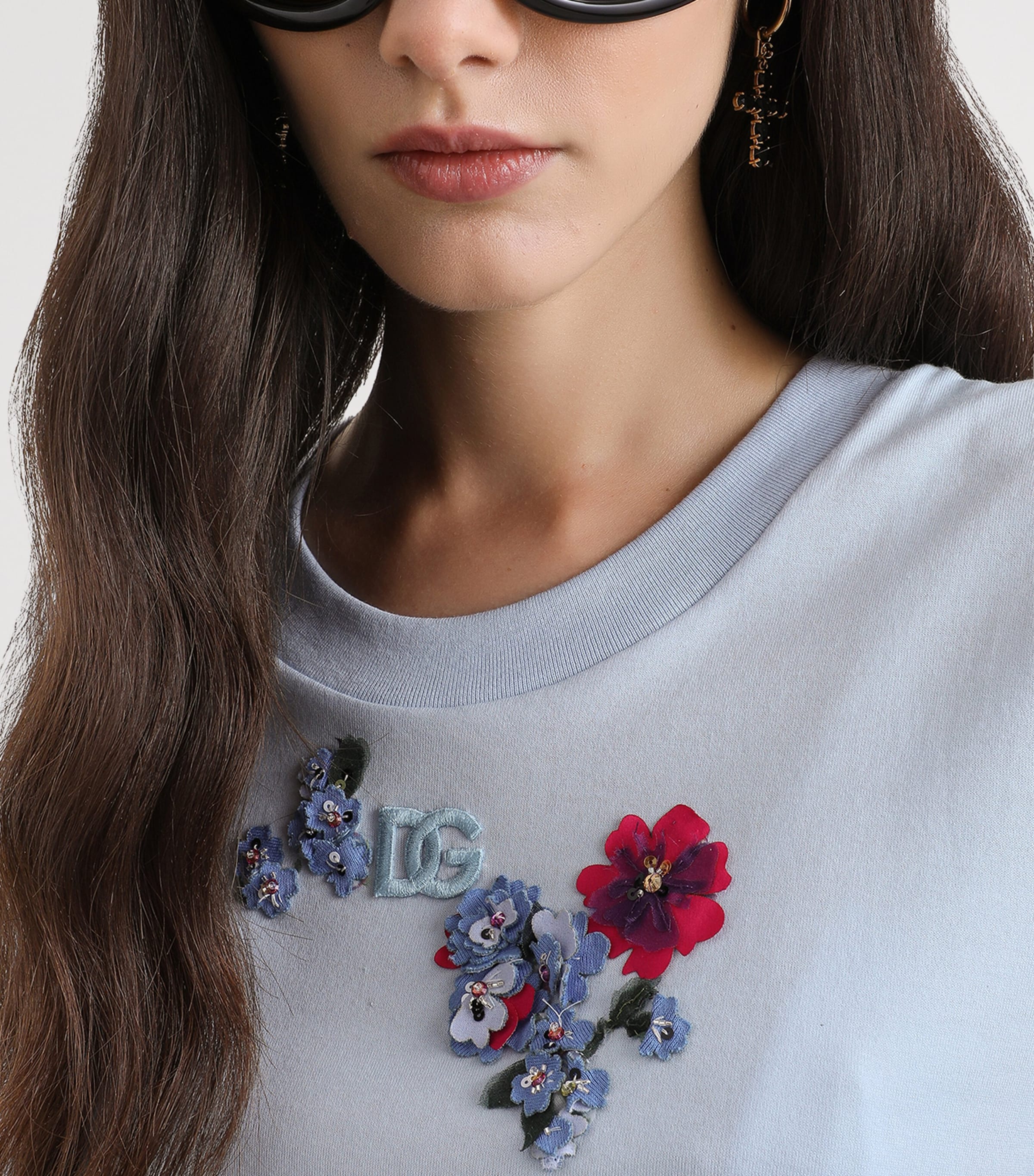 Dolce&Gabbana Womens Floral Appliqué Logo T-Shirt Sky Image 5