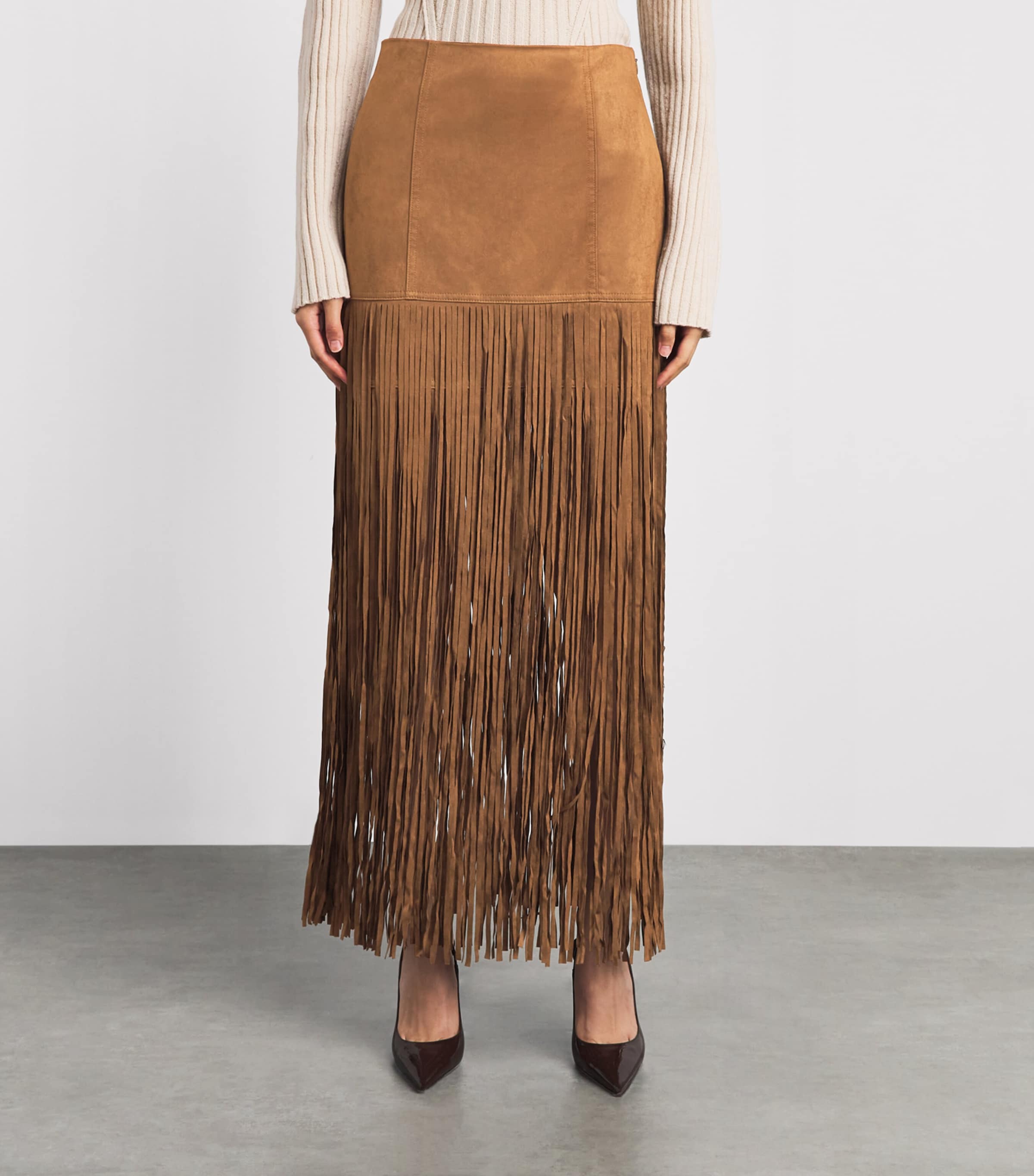 Toccin Womens Faux Leather Fringe Soren Midi Skirt Cedar Image 4