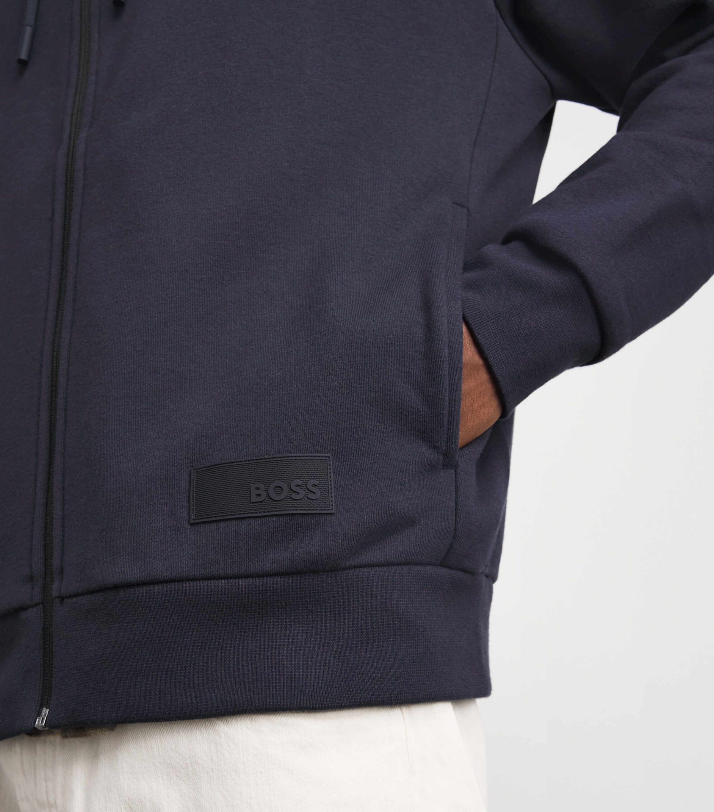 BOSS Navy Cotton-Blend High-Neck Zip Hoodie | Harrods US