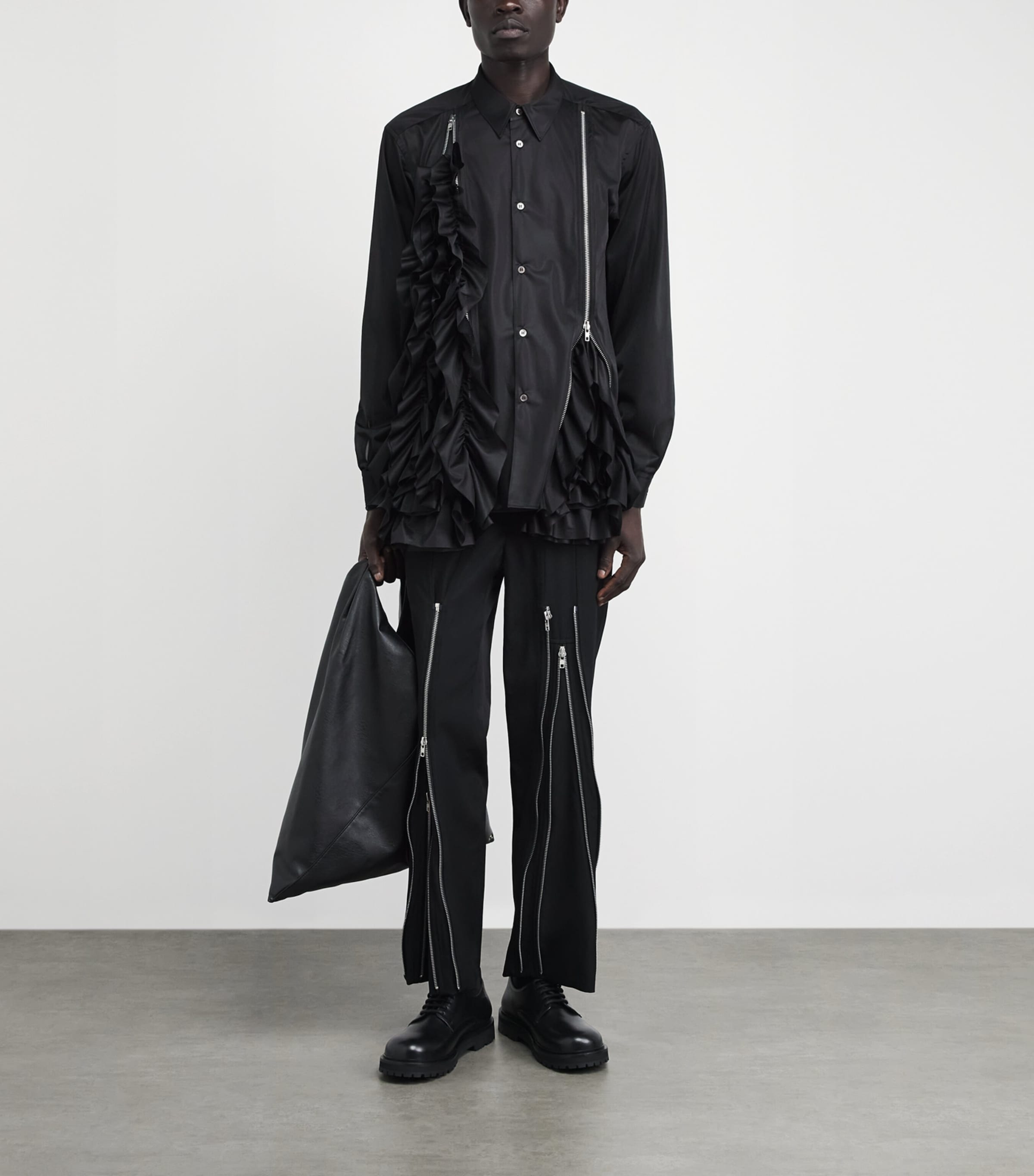 Comme Des Garçons Homme Plus Black Ruffled Zip-Detail Shirt