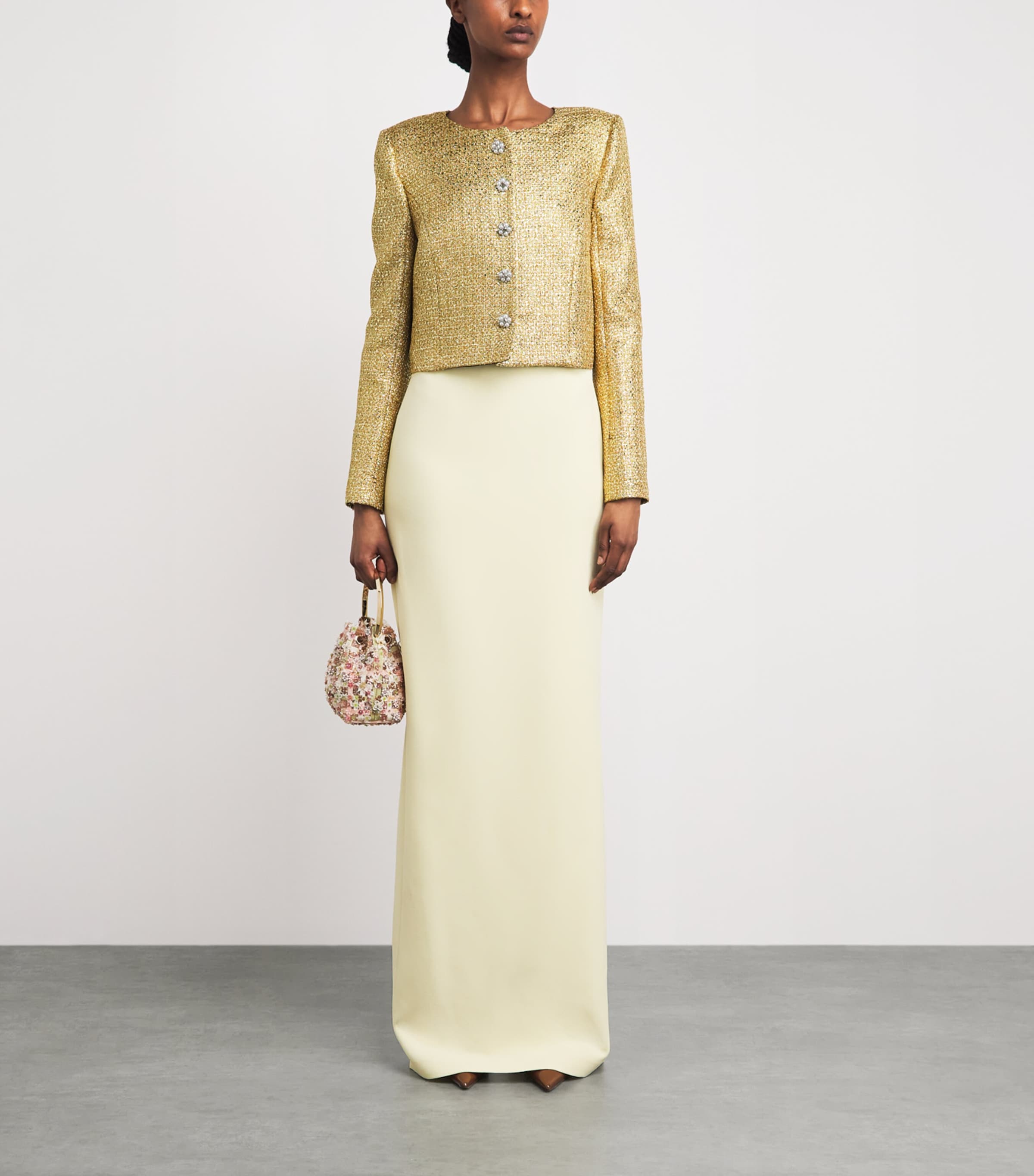Carolina Herrera Womens Metallic Cropped Collarless Jacket Gold Image 2