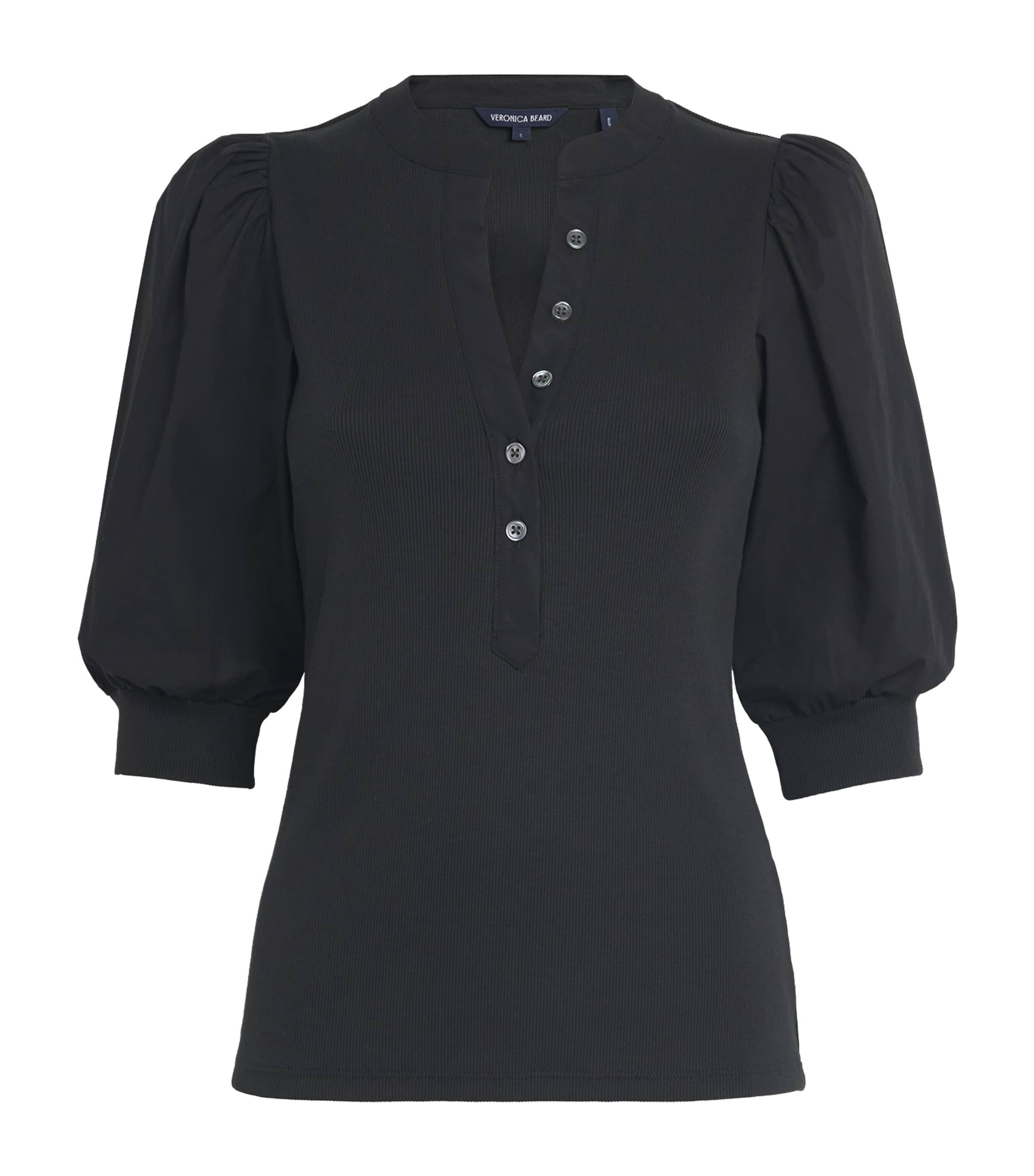 Veronica Beard Coralee Puff-sleeve Henley Sweater In Black