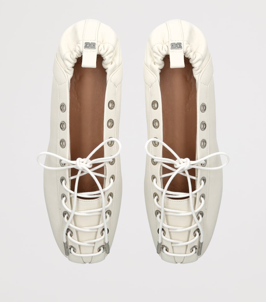 GANNI Leather Lace-Up Eyelet Ballet Flats White Image 4