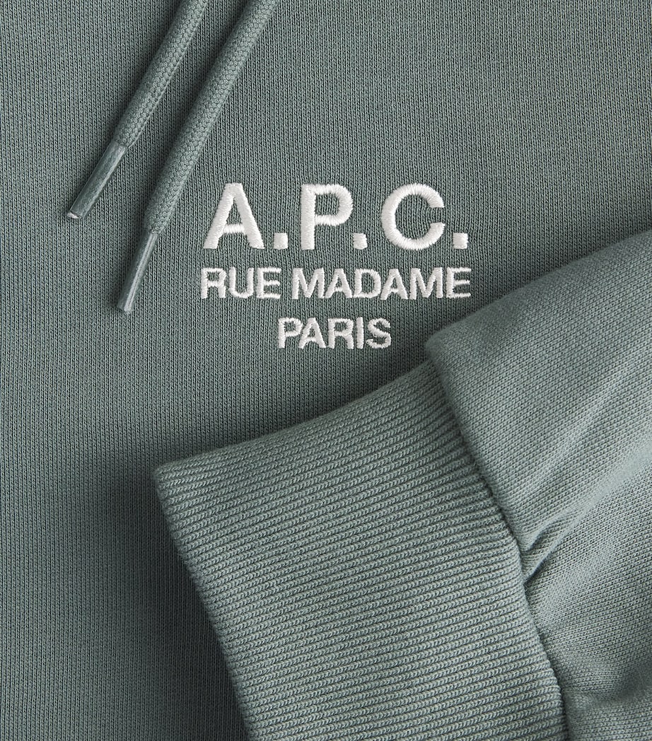 A.P.C. Mens Cotton Rue Madame Logo Hoodie Vert Grise / Blanc Image 6