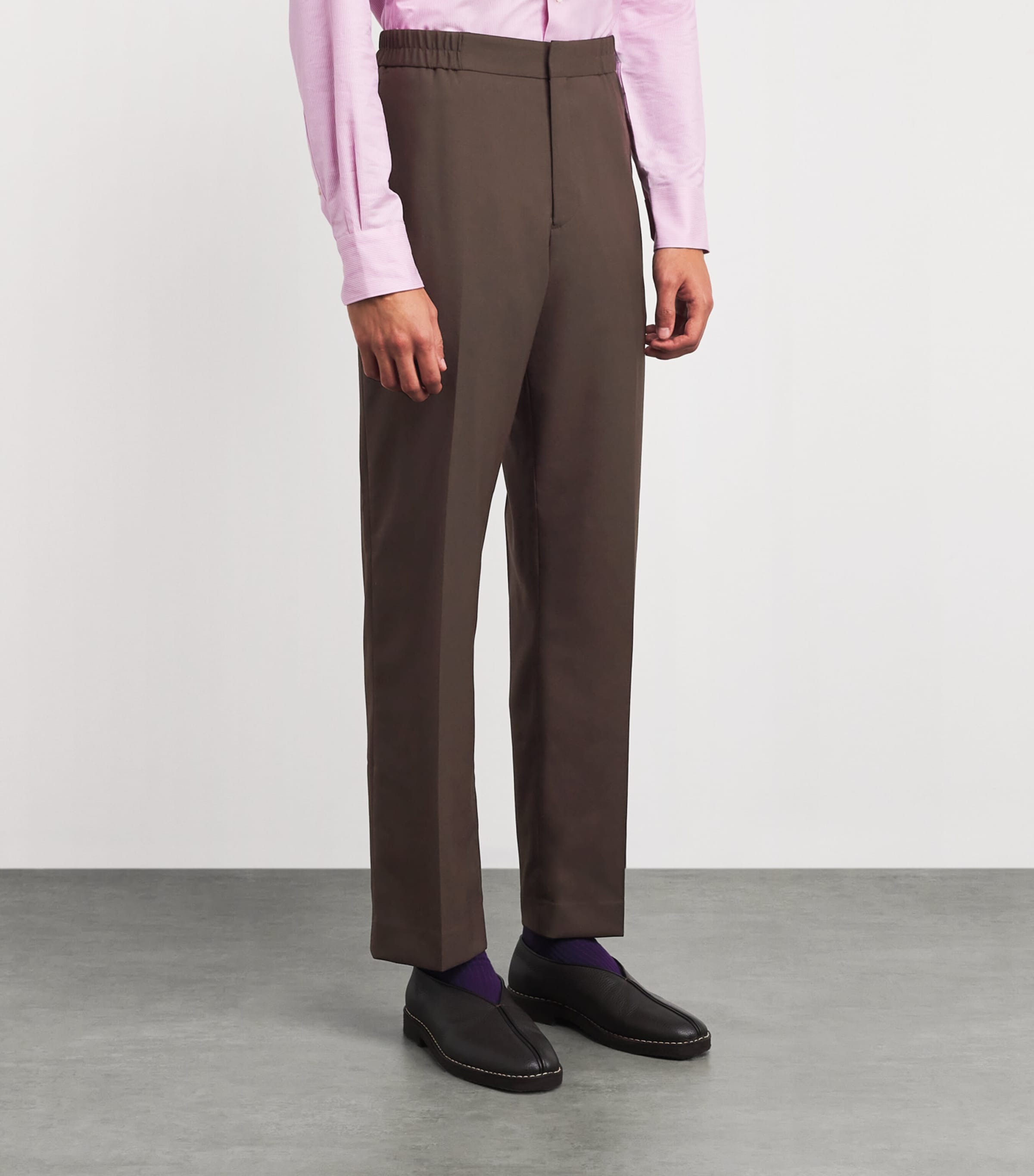 Wool Elasticated Straight Trousers BROWN-67 Image 3