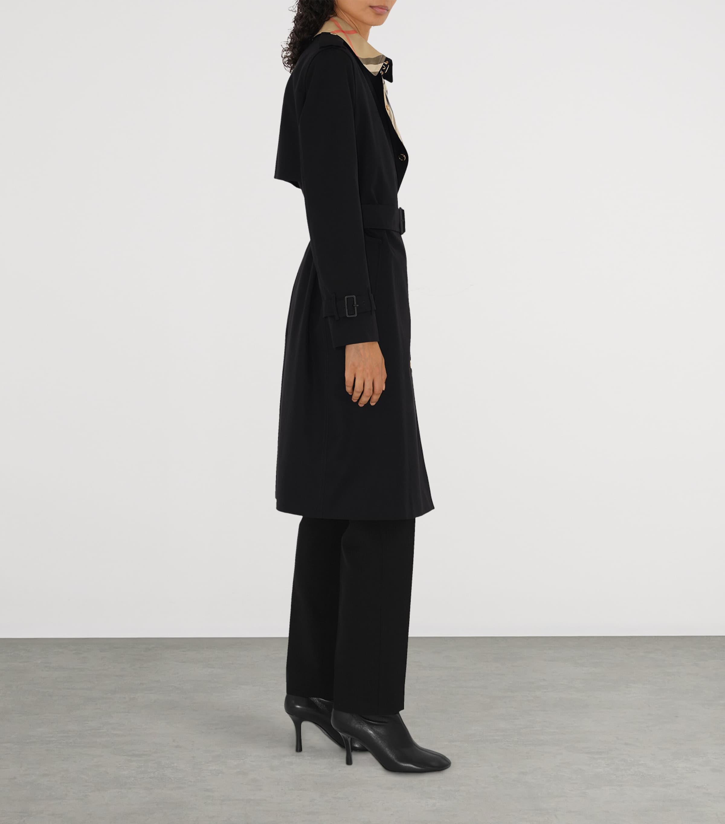 Burberry Womens Gabardine Check-Collar Long Trench Coat Black Image 3