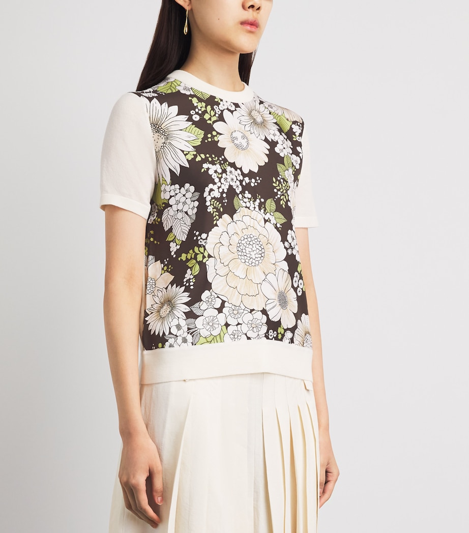 Tory Burch Womens Silk-Wool Floral T-Shirt N Ivory / Br Flor Image 4