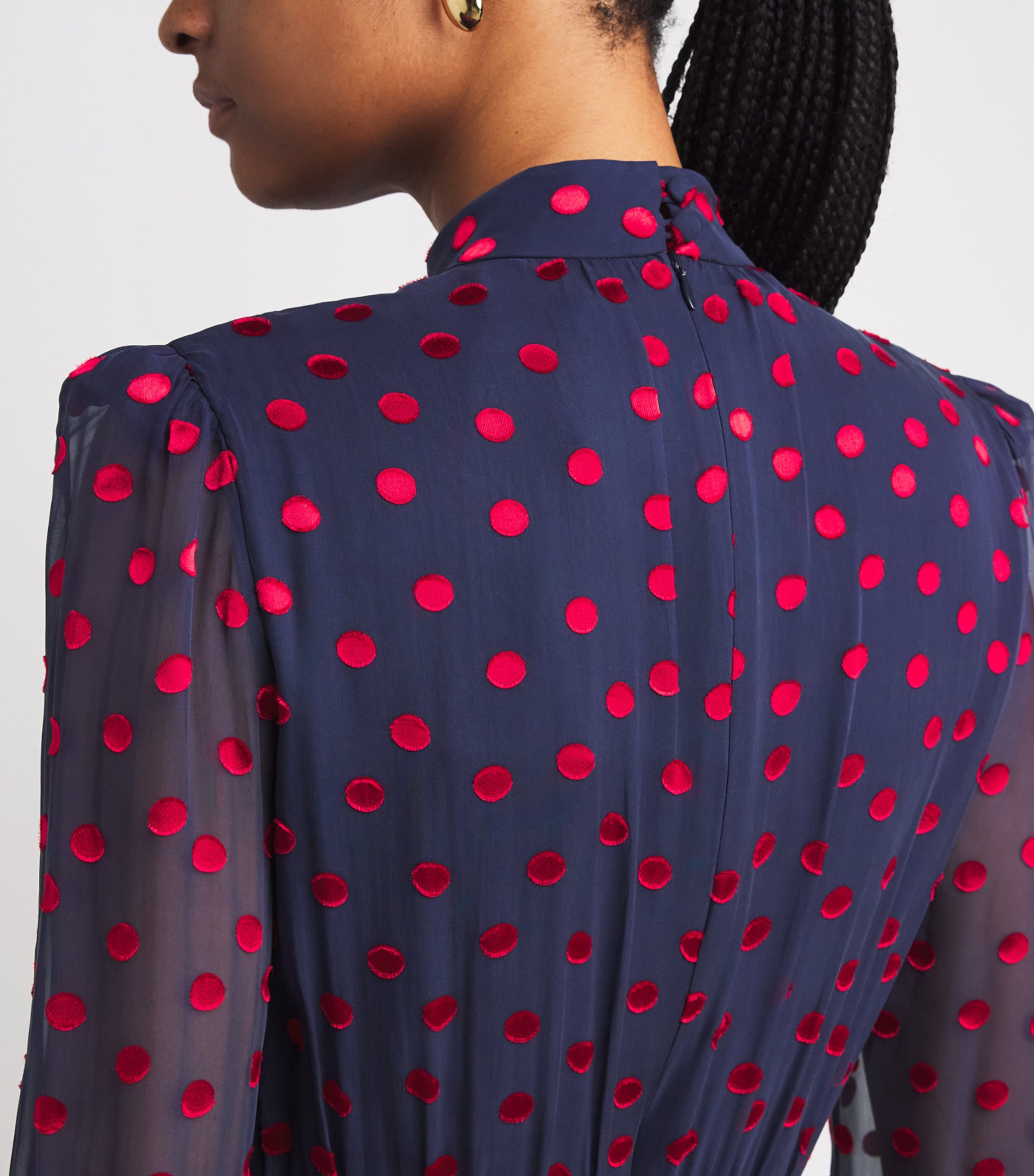 Saloni Womens Silk-Blend Devoré Polka Dot Jacqui B Midi Dress Navy Brght Rouge Image 4